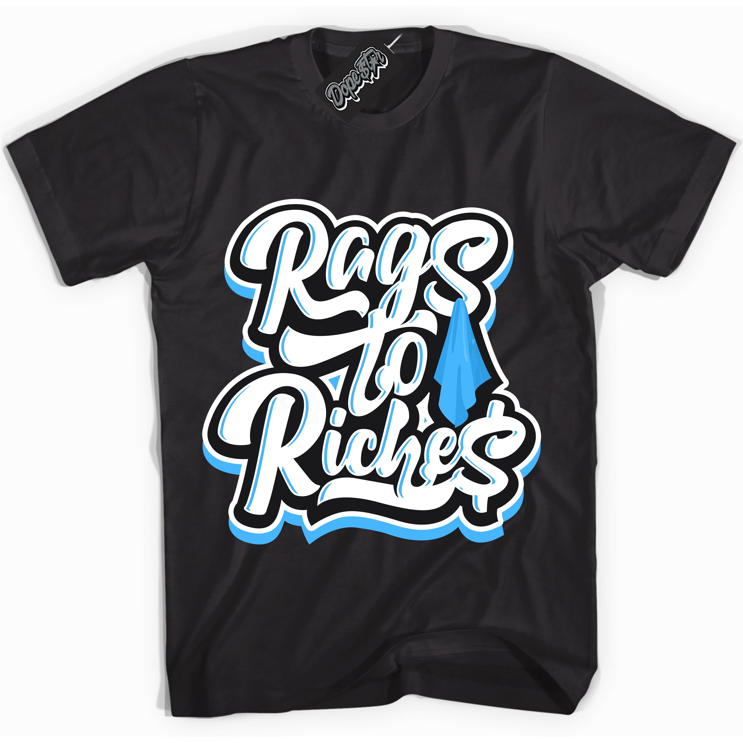 Cool Black graphic tee with “ Rags To Riches ” design, that perfectly matches Powder Blue 9s sneakers 