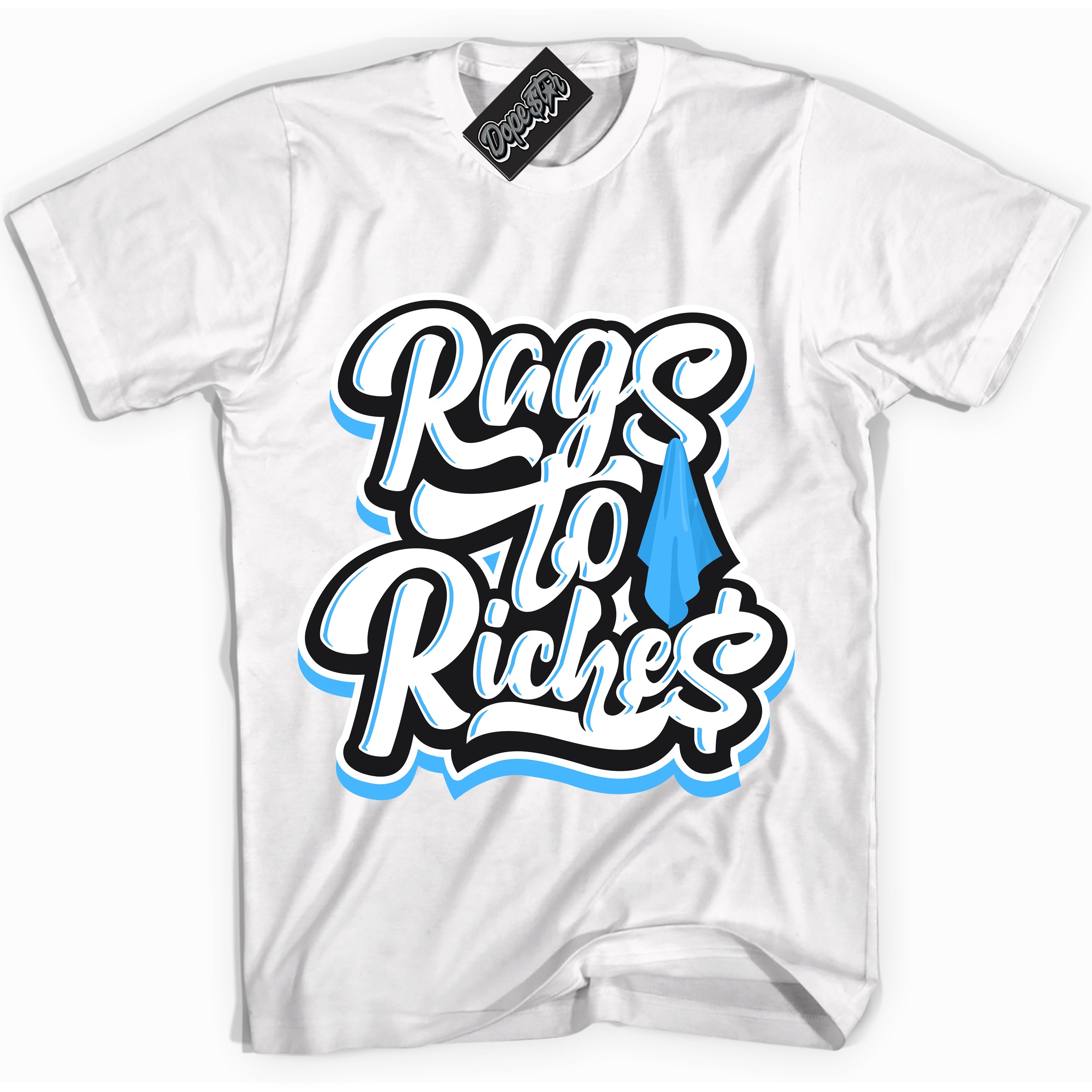 Cool White graphic tee with “ Rags To Riches ” design, that perfectly matches Powder Blue 9s sneakers 