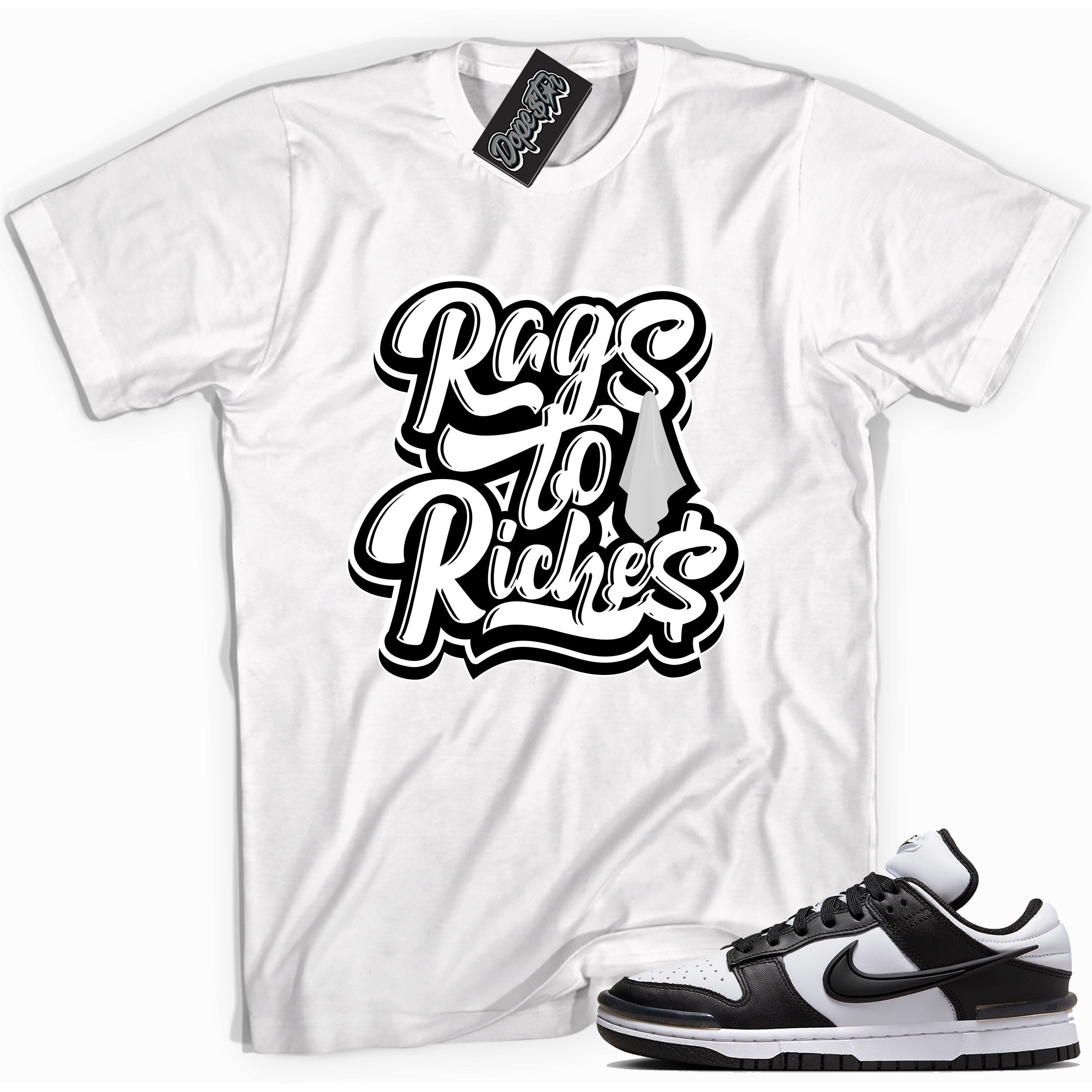 Cool white graphic tee with 'Rags to riches' print, that perfectly matches Nike Dunk Low Twist Panda sneakers.