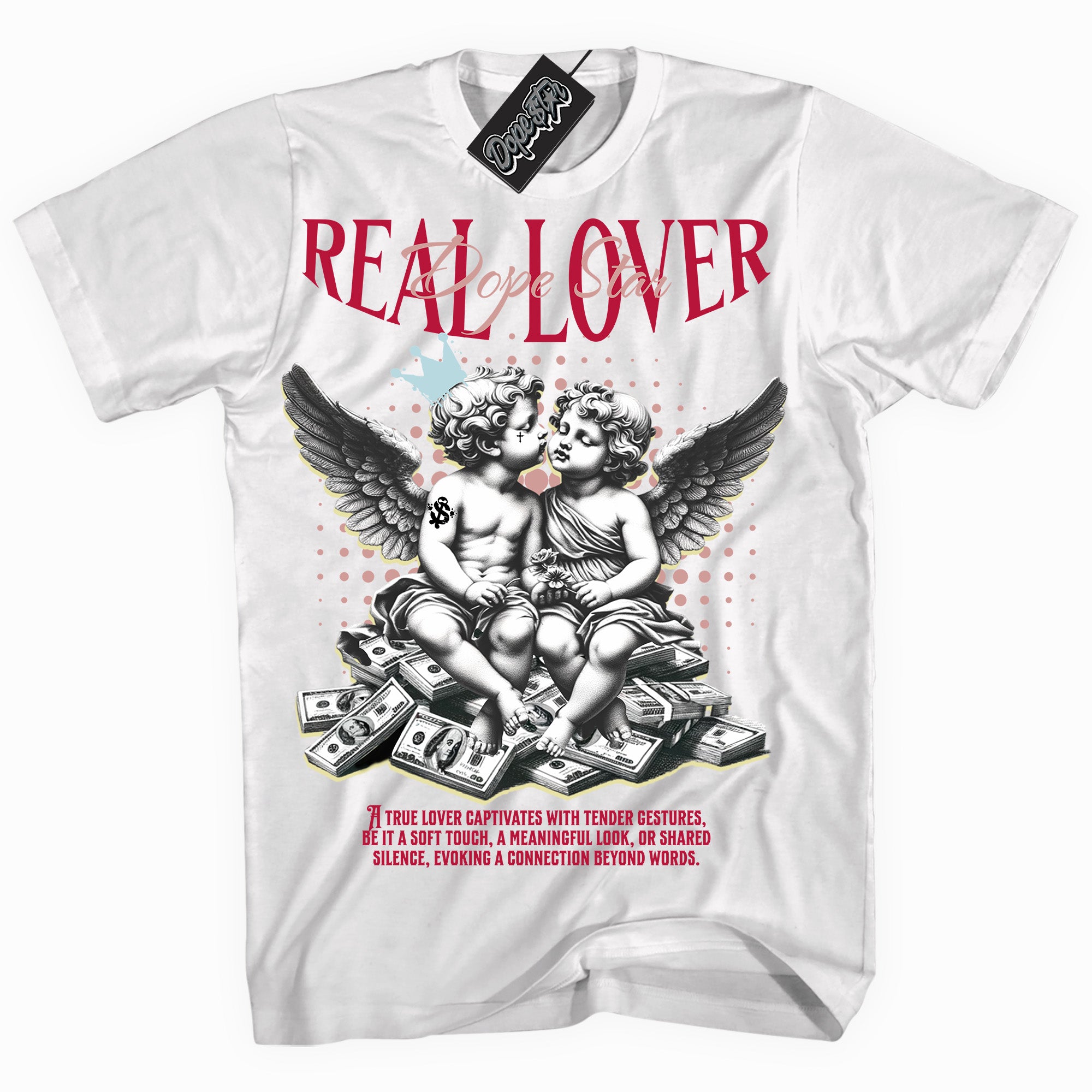 Cool White Shirt With Real Lover design That Perfectly Matches SPIDER VERSE 1S Sneakers.