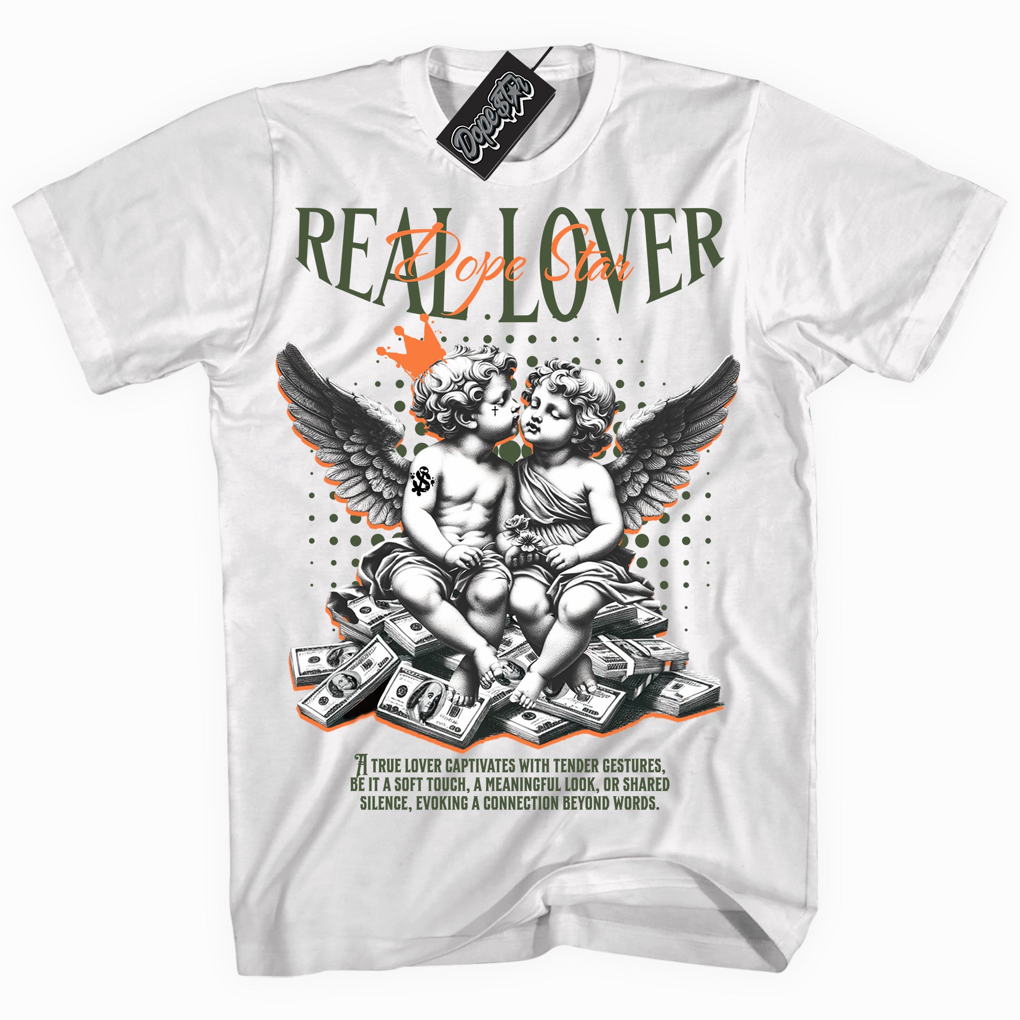 Cool White graphic tee with “ Real Lover ” print, that perfectly matches Olive 5s sneakers 