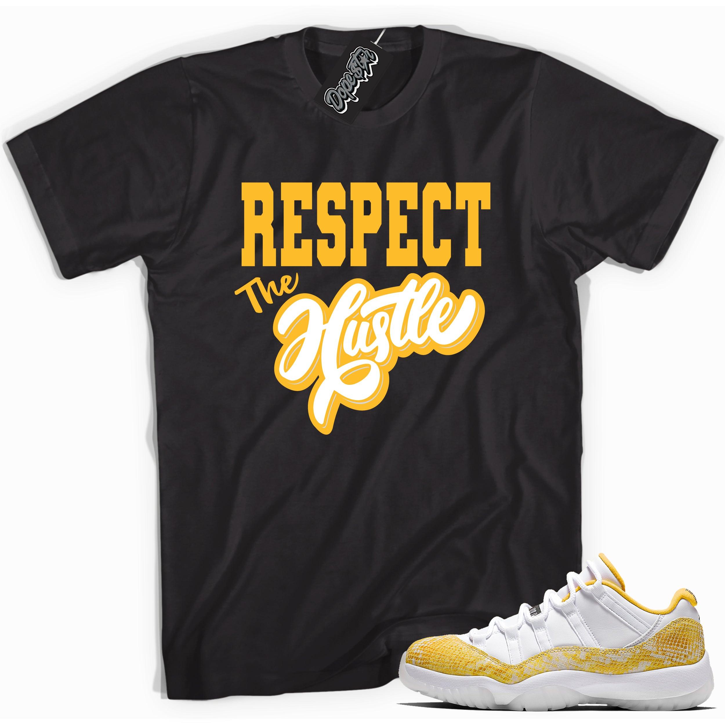 Cool black graphic tee with 'respect the hustle' print, that perfectly matches  Air Jordan 11 Retro Low Yellow Snakeskin sneakers