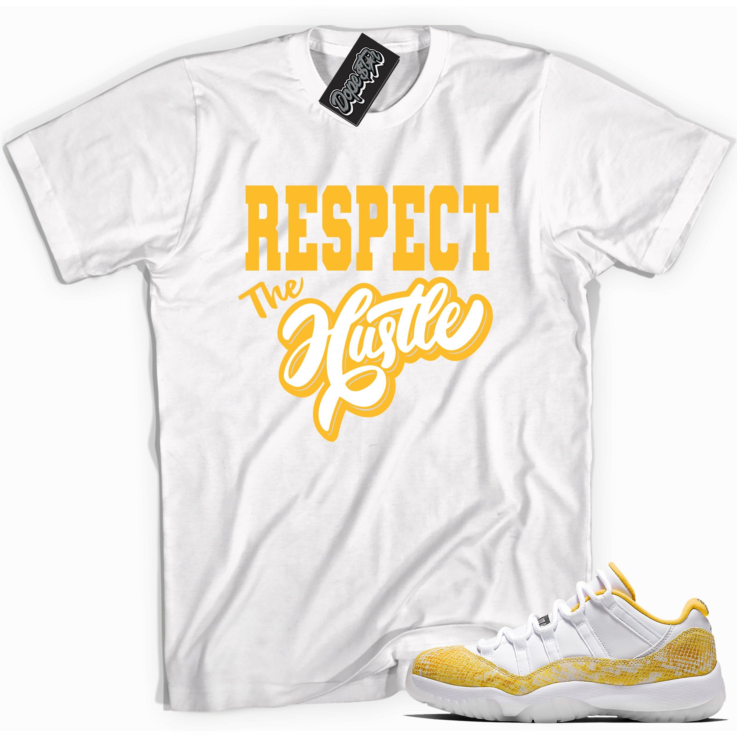 Cool white graphic tee with 'respect the hustle' print, that perfectly matches Air Jordan 11 Retro Low Yellow Snakeskin sneakers