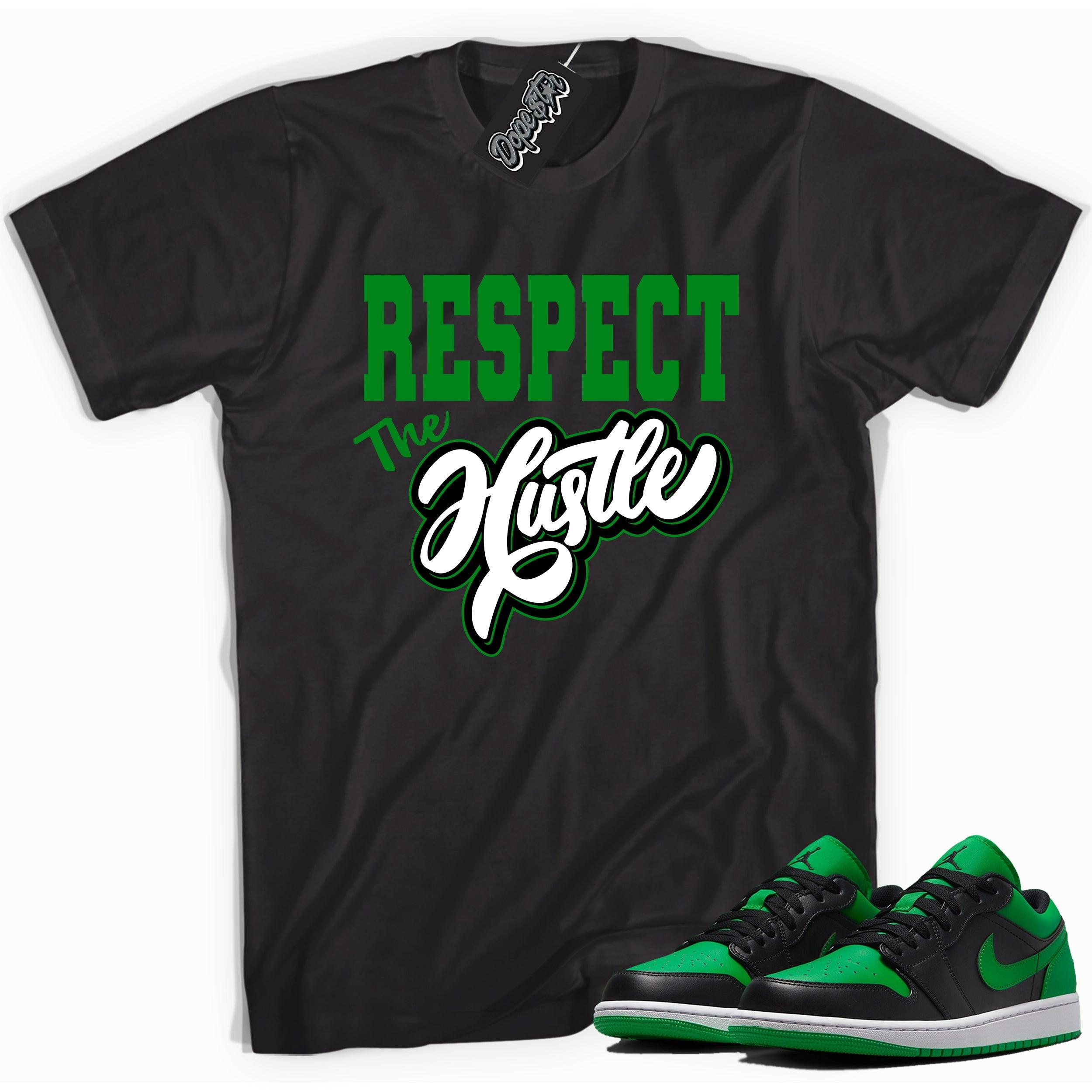 Cool black graphic tee with 'respect the hustle' print, that perfectly matches Air Jordan 1 Low Lucky Green sneakers
