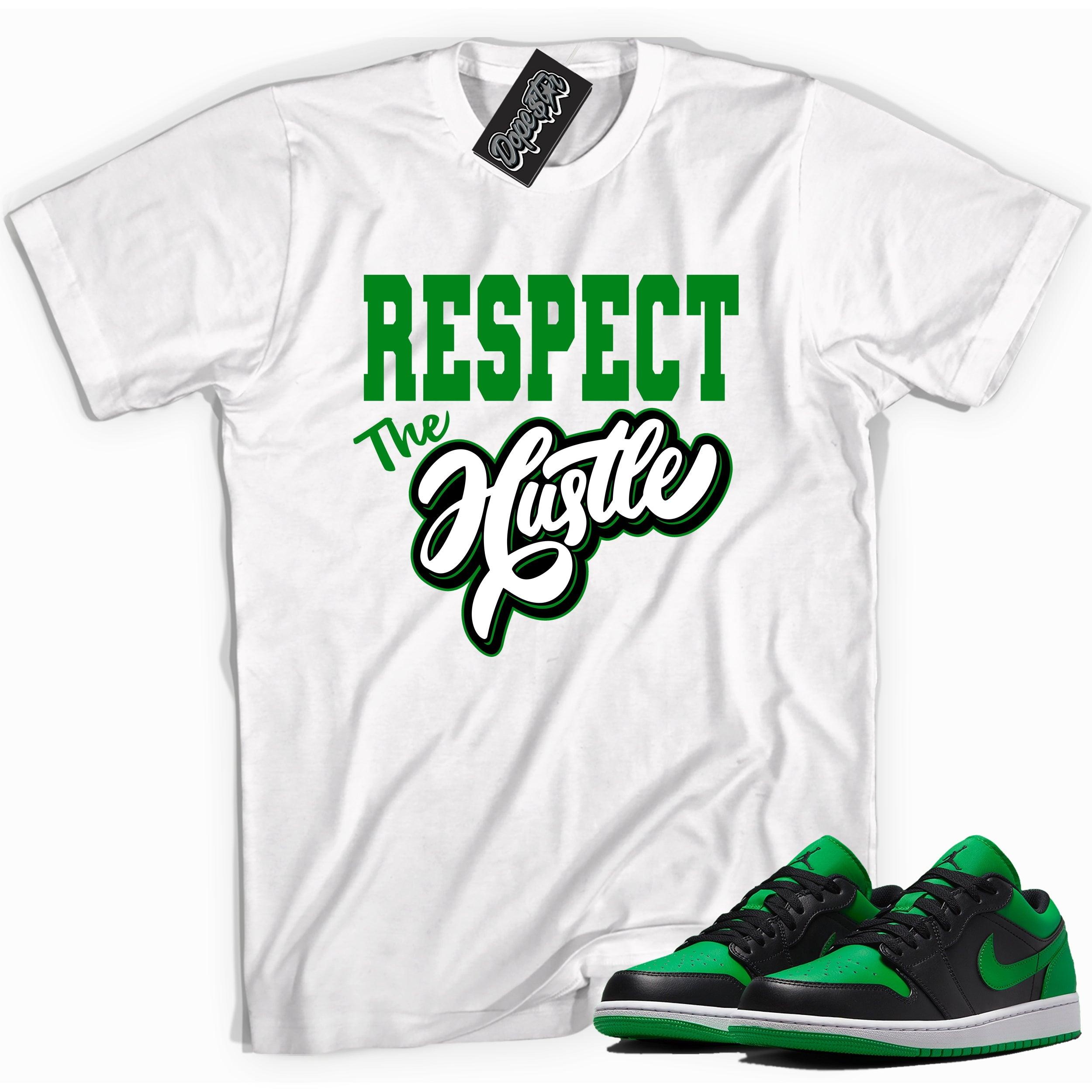 Cool white graphic tee with 'respect the hustle' print, that perfectly matches Air Jordan 1 Low Lucky Green sneakers