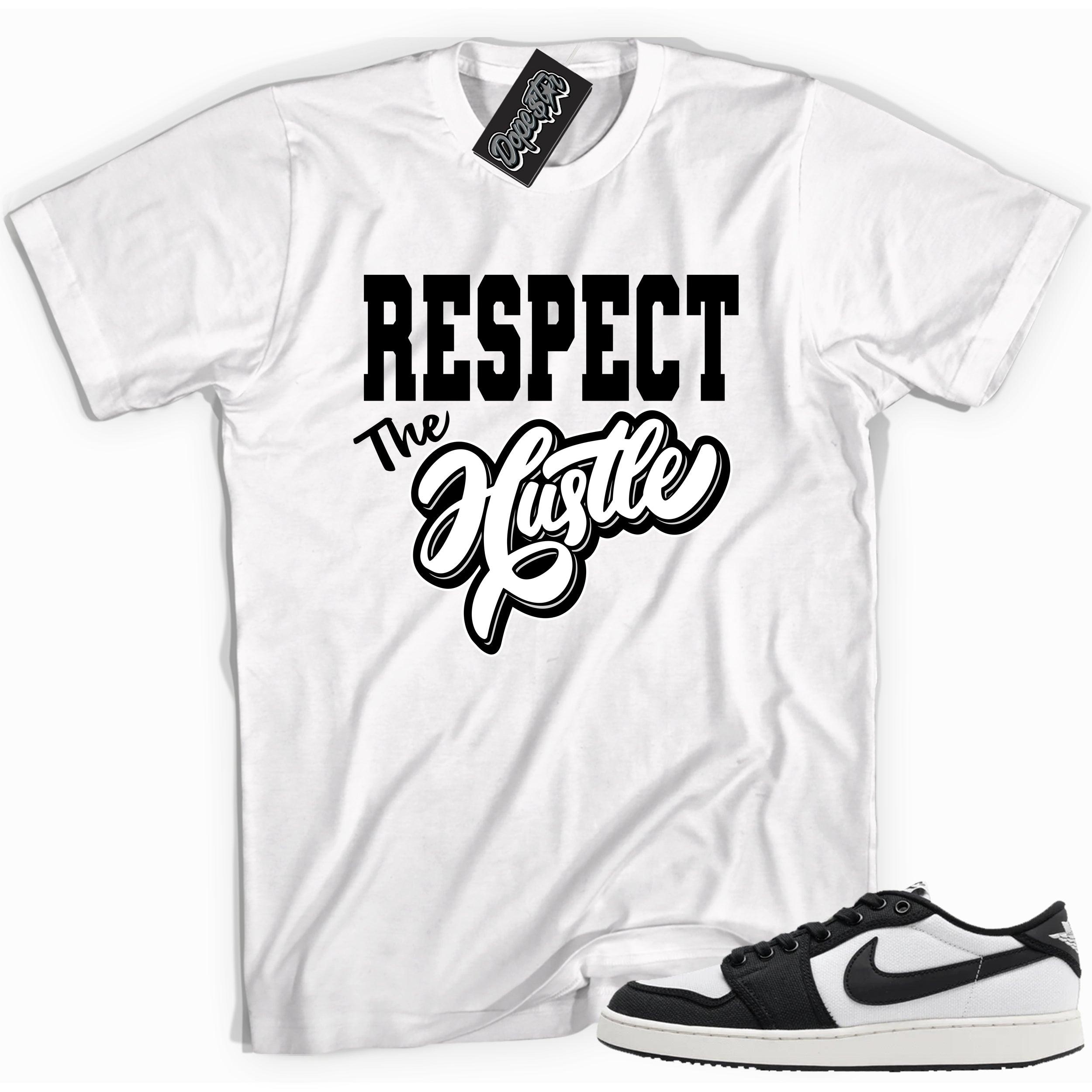 Cool white graphic tee with 'respect the hustle' print, that perfectly matches Air Jordan 1 Retro Ajko Low Black & White sneakers.