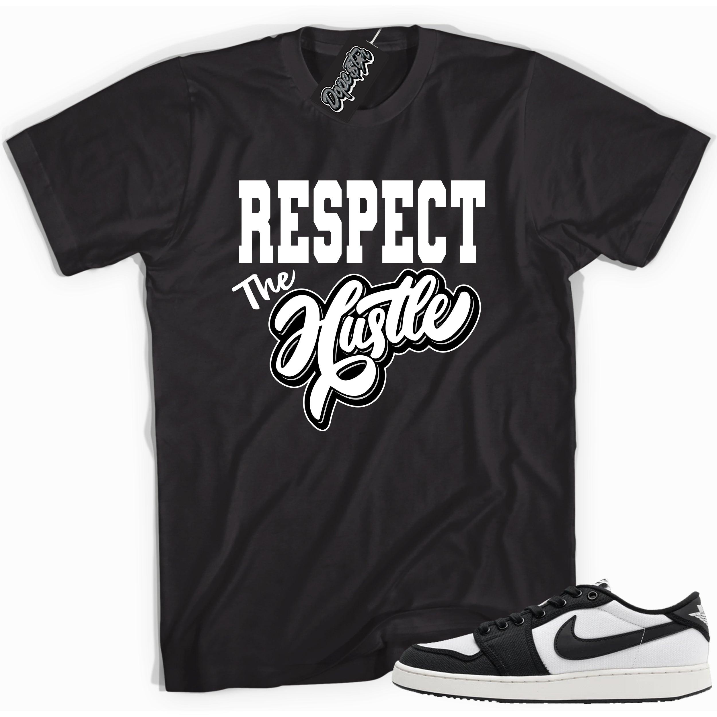 Cool black graphic tee with 'respect the hustle' print, that perfectly matches Air Jordan 1 Retro Ajko Low Black & White sneakers.