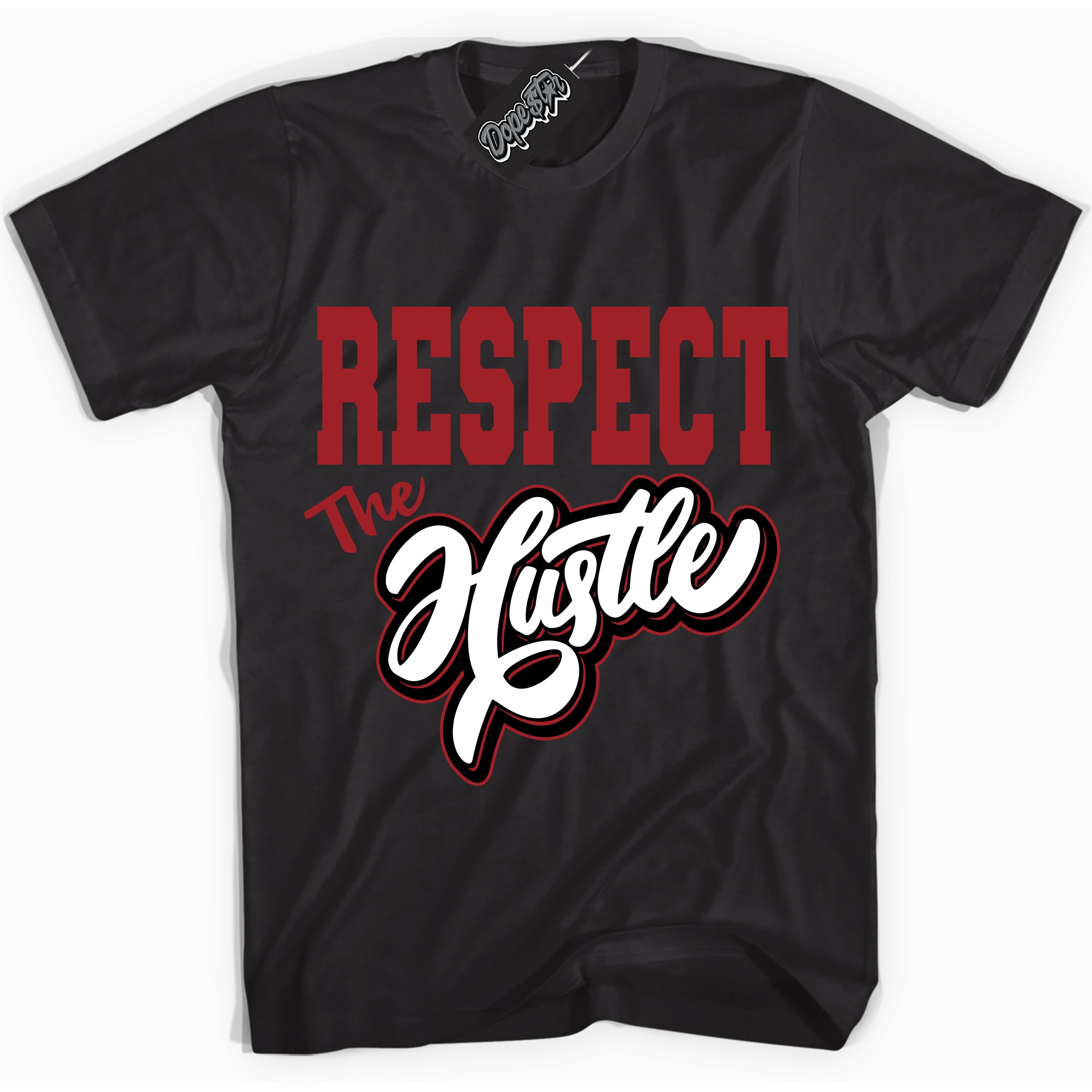 Cool Black graphic tee with “ Respect The Hustle ” print, that perfectly matches Lost And Found 1s sneakers 