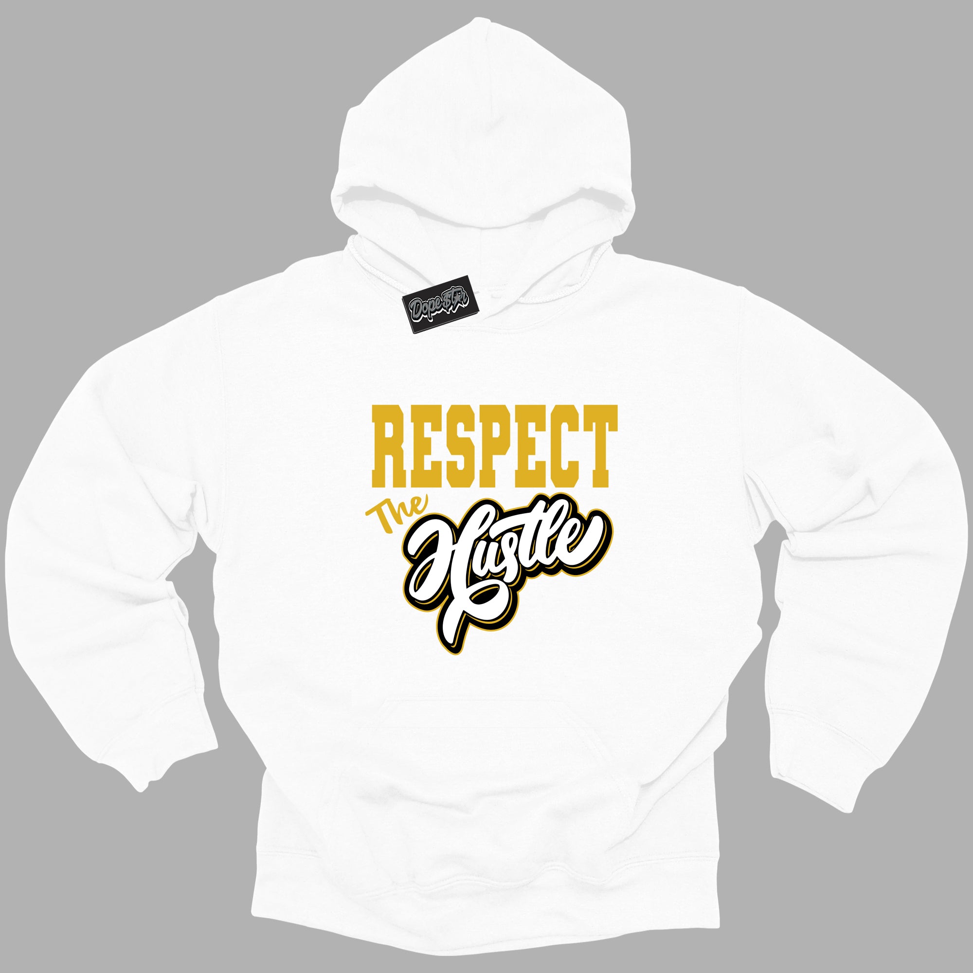 Cool White Hoodie with “Respect The Hustle ”  design that Perfectly Matches Yellow Ochre 6s Sneakers.