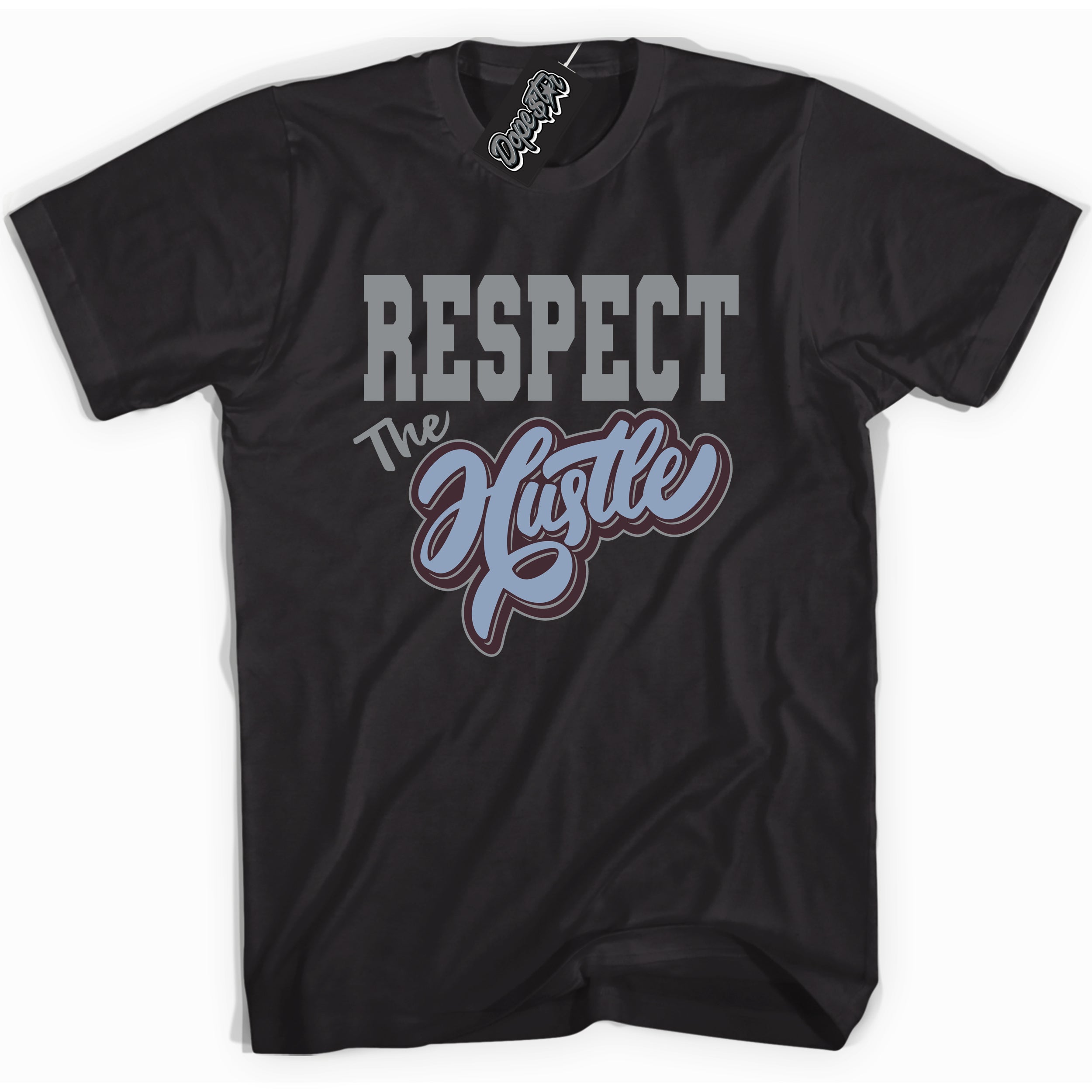 Cool Black Shirt with “ Respect The Hustle” design that perfectly matches Burgundy 5s Sneakers.