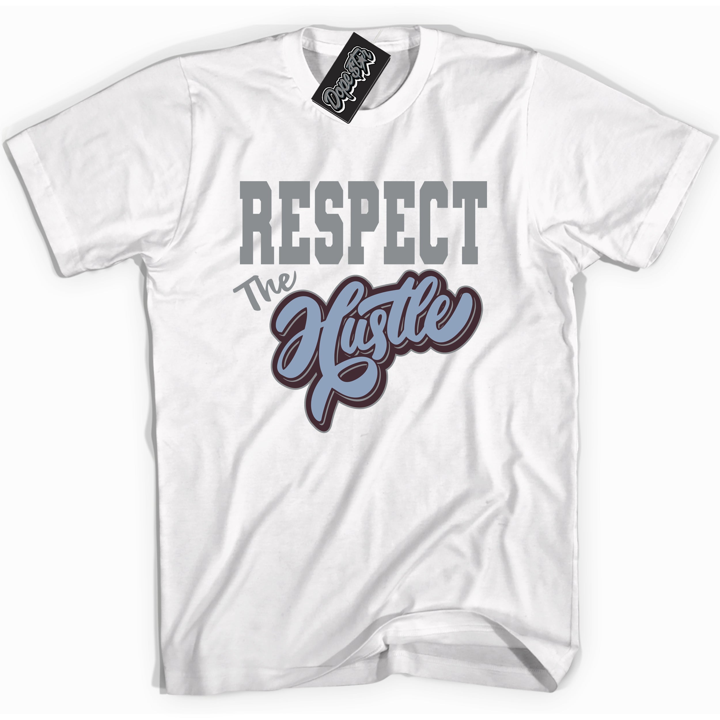 Cool White Shirt with “ Respect The Hustle” design that perfectly matches Burgundy 5s Sneakers.