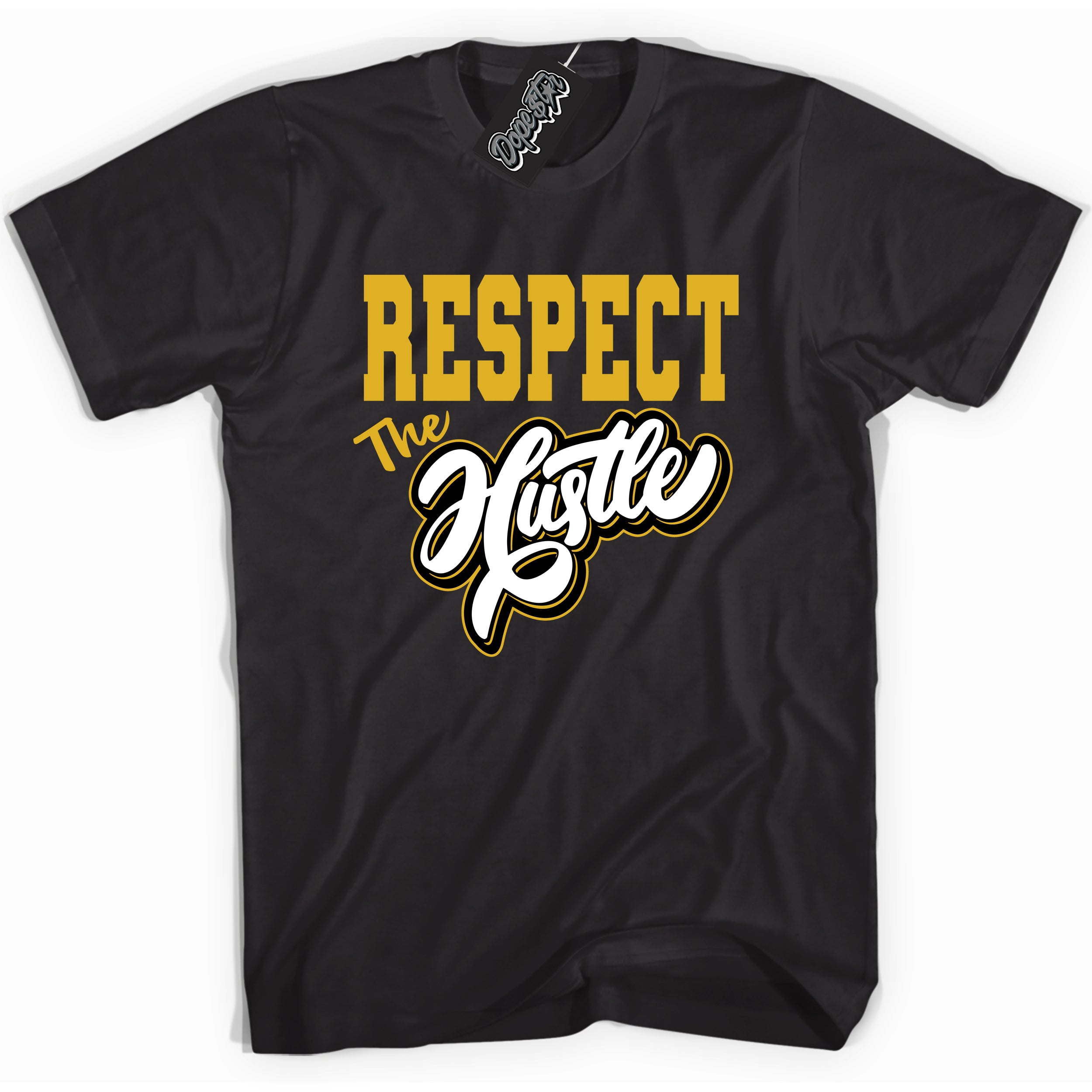 Cool black Shirt with “ Respect The Hustle” design that perfectly matches Yellow Ochre 6s Sneakers.