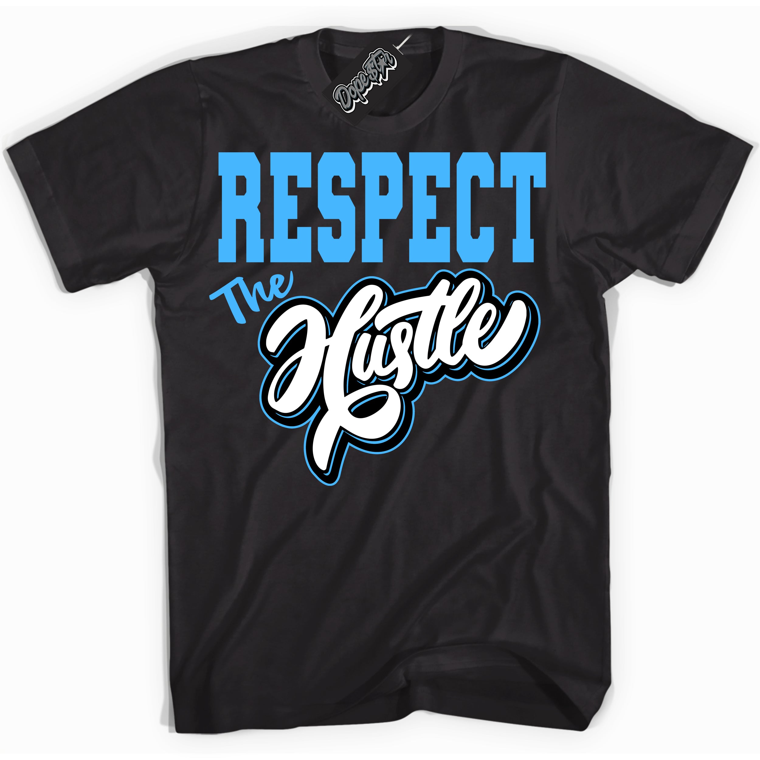 Cool Black graphic tee with “ Respect The Hustle ” design, that perfectly matches Powder Blue 9s sneakers 