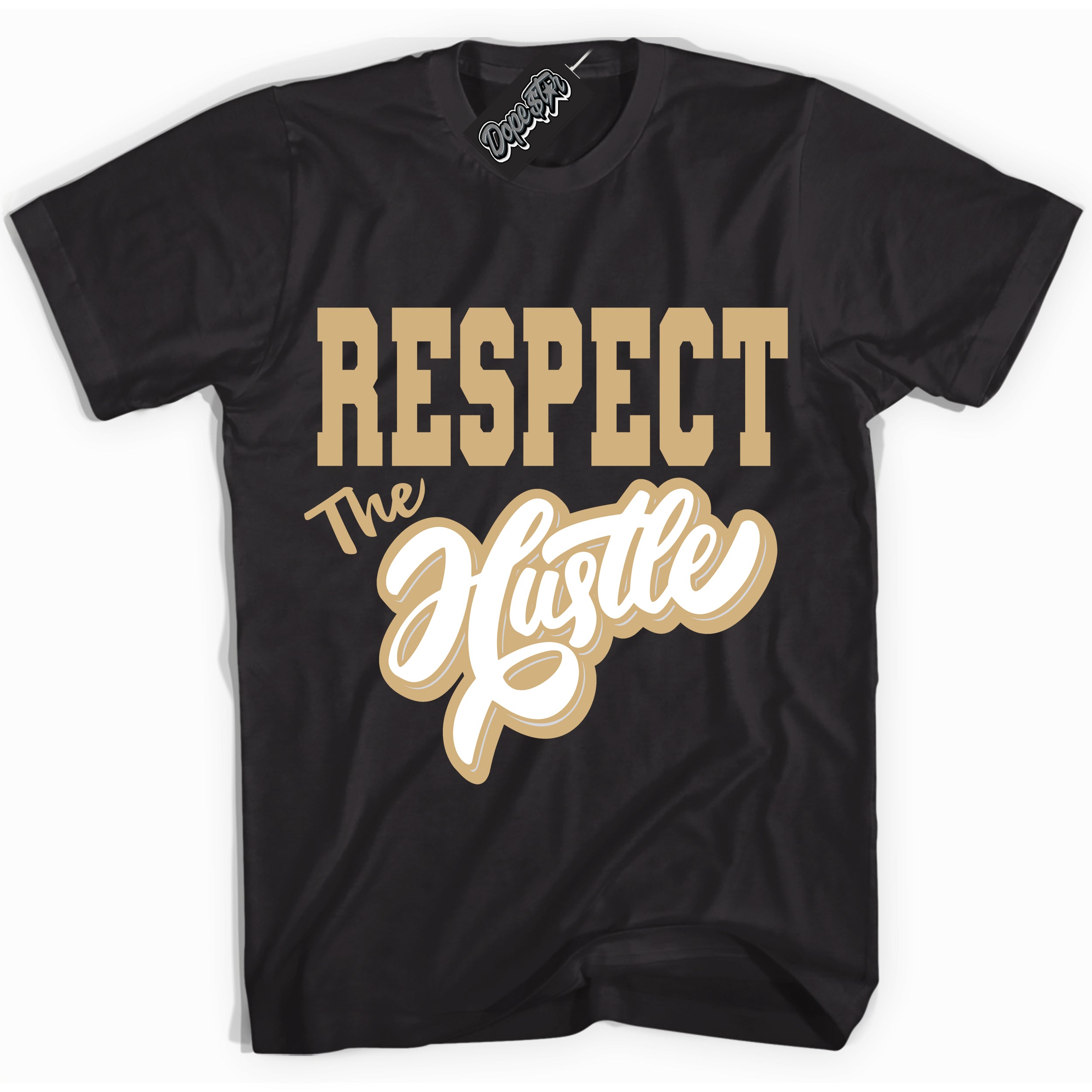 Jordan MVP White Metallic Gold ‘Respect The Hustle’ – Black Streetwear T-Shirt | Sneaker Matching shirt for Jordan MVP White Metallic Gold | Men's and Women's Streetwear Graphic Tee by Sneaker Shirts Outlet.
