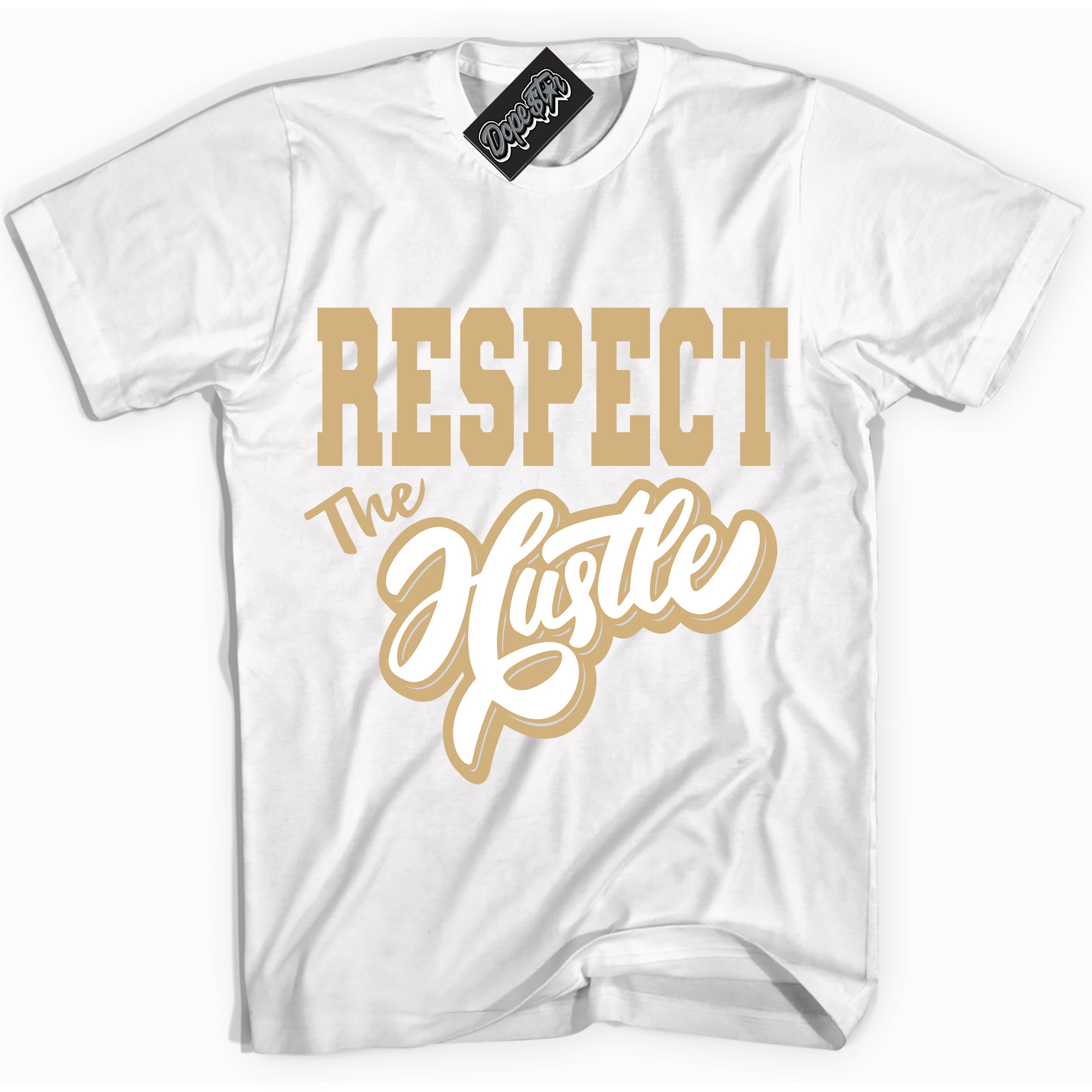 Jordan MVP White Metallic Gold ‘Respect The Hustle’ – White Streetwear T-Shirt | Sneaker Matching shirt for Jordan MVP White Metallic Gold | Men's and Women's Streetwear Graphic Tee by Sneaker Shirts Outlet.
