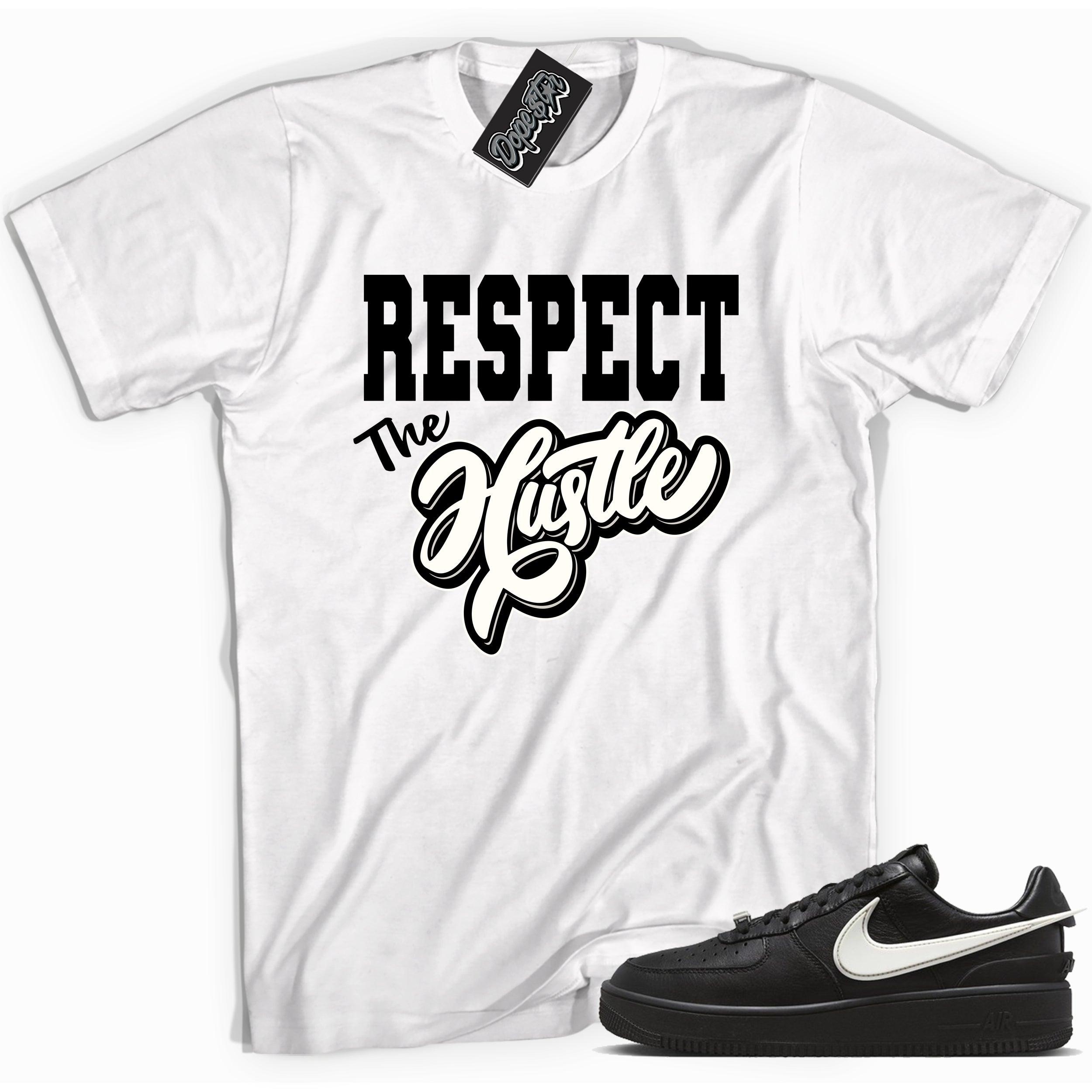 Cool white graphic tee with 'respect the hustle' print, that perfectly matches Nike Air Force 1 Low SP Ambush Phantom sneakers.