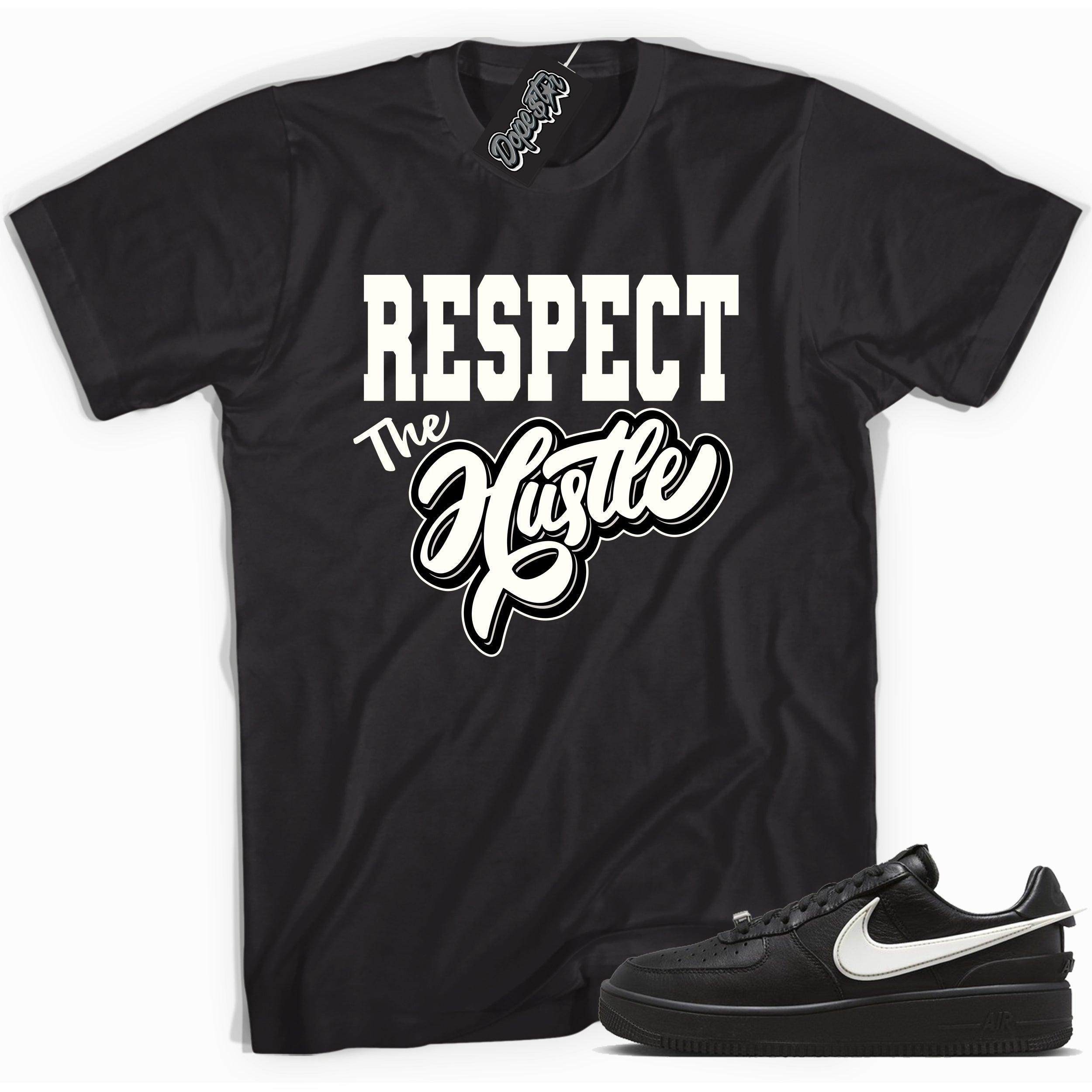 Cool black graphic tee with 'respect the hustle' print, that perfectly matches Nike Air Force 1 Low SP Ambush Phantom sneakers.