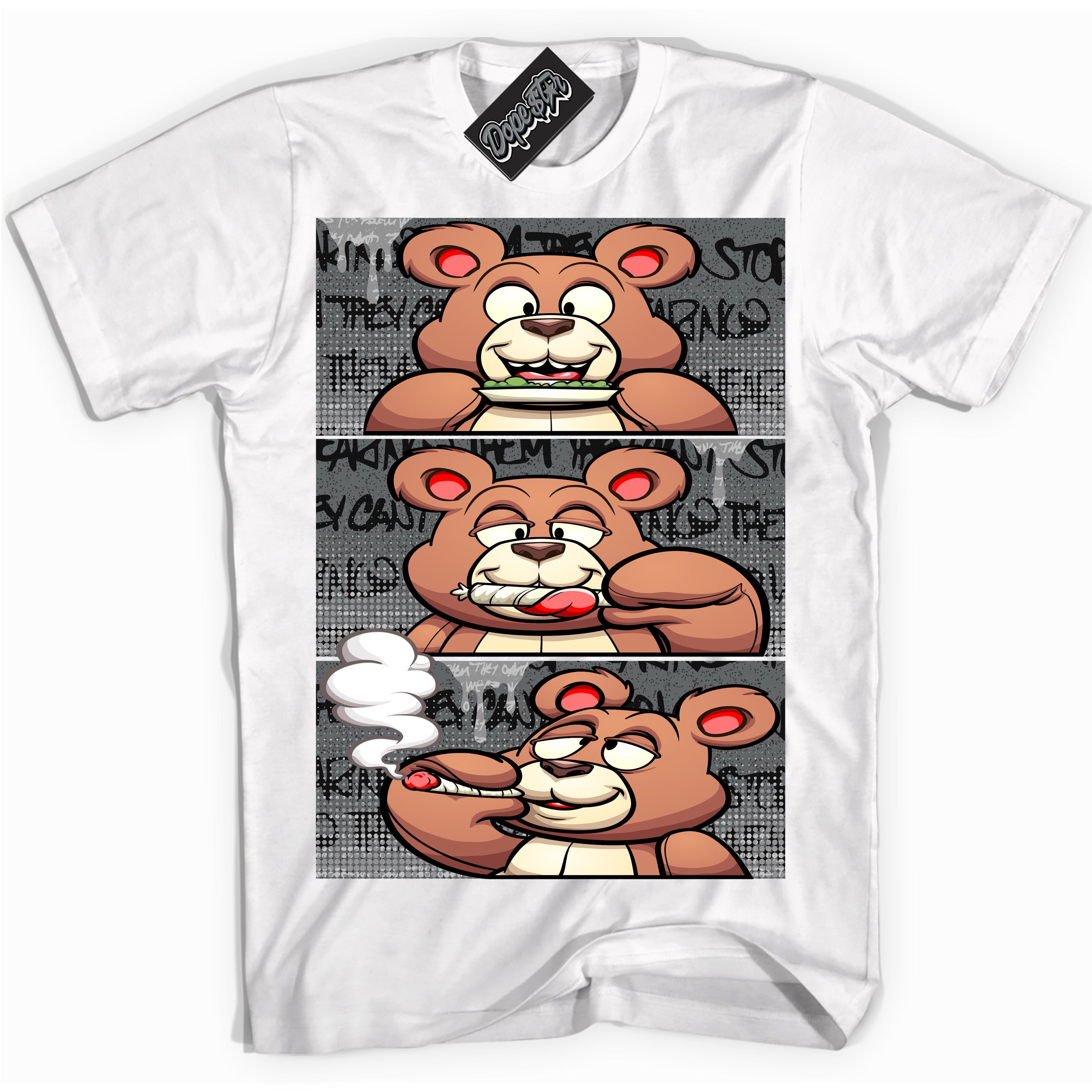 Cool White Shirt with “ Roll It Lick It Smoke It Bear ” design that perfectly matches Rebellionaire 1s Sneakers.