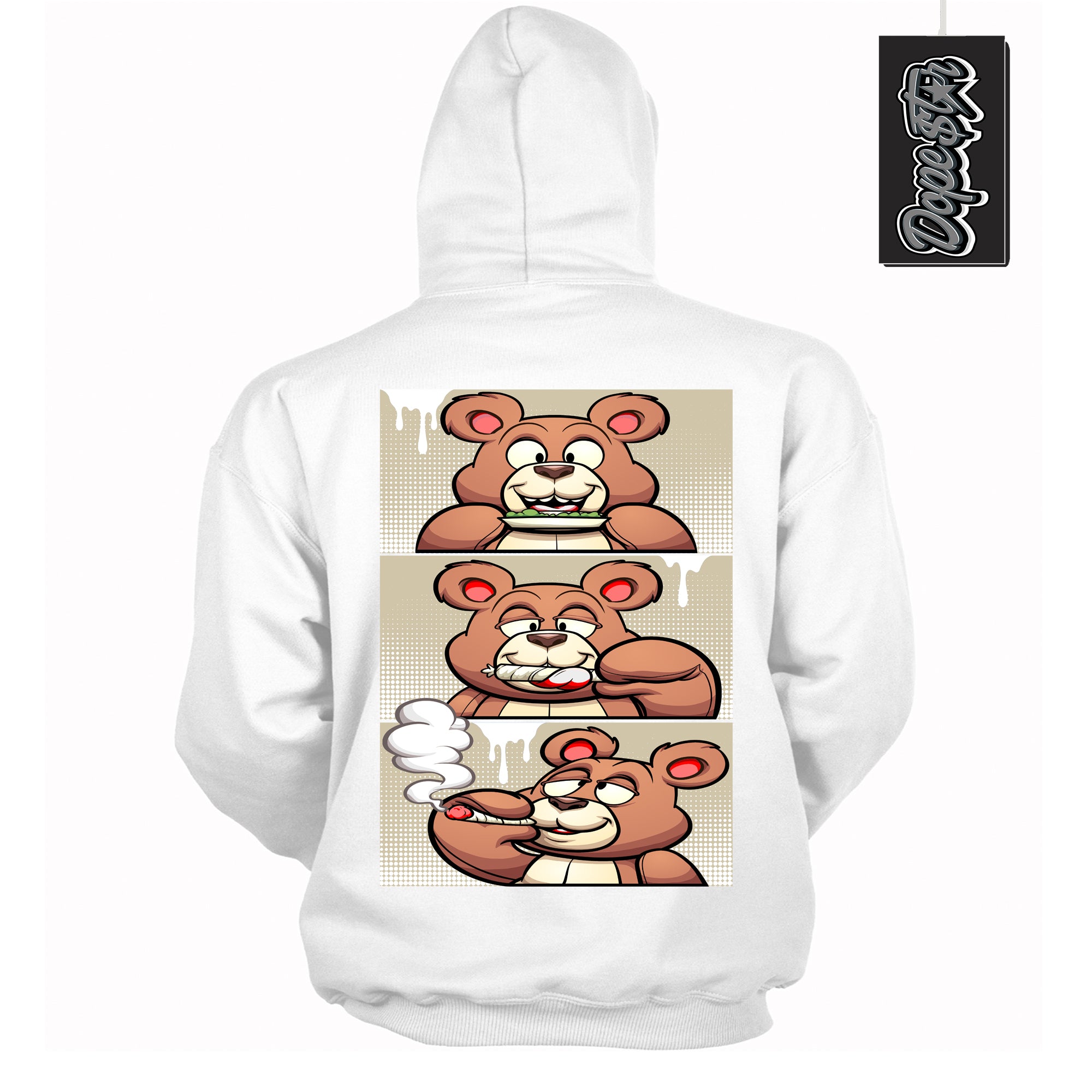 Cool White Hoodie with “ Roll It Lick It Smoke It Bear ”  design that Perfectly Matches Gratitude 11s Sneakers.