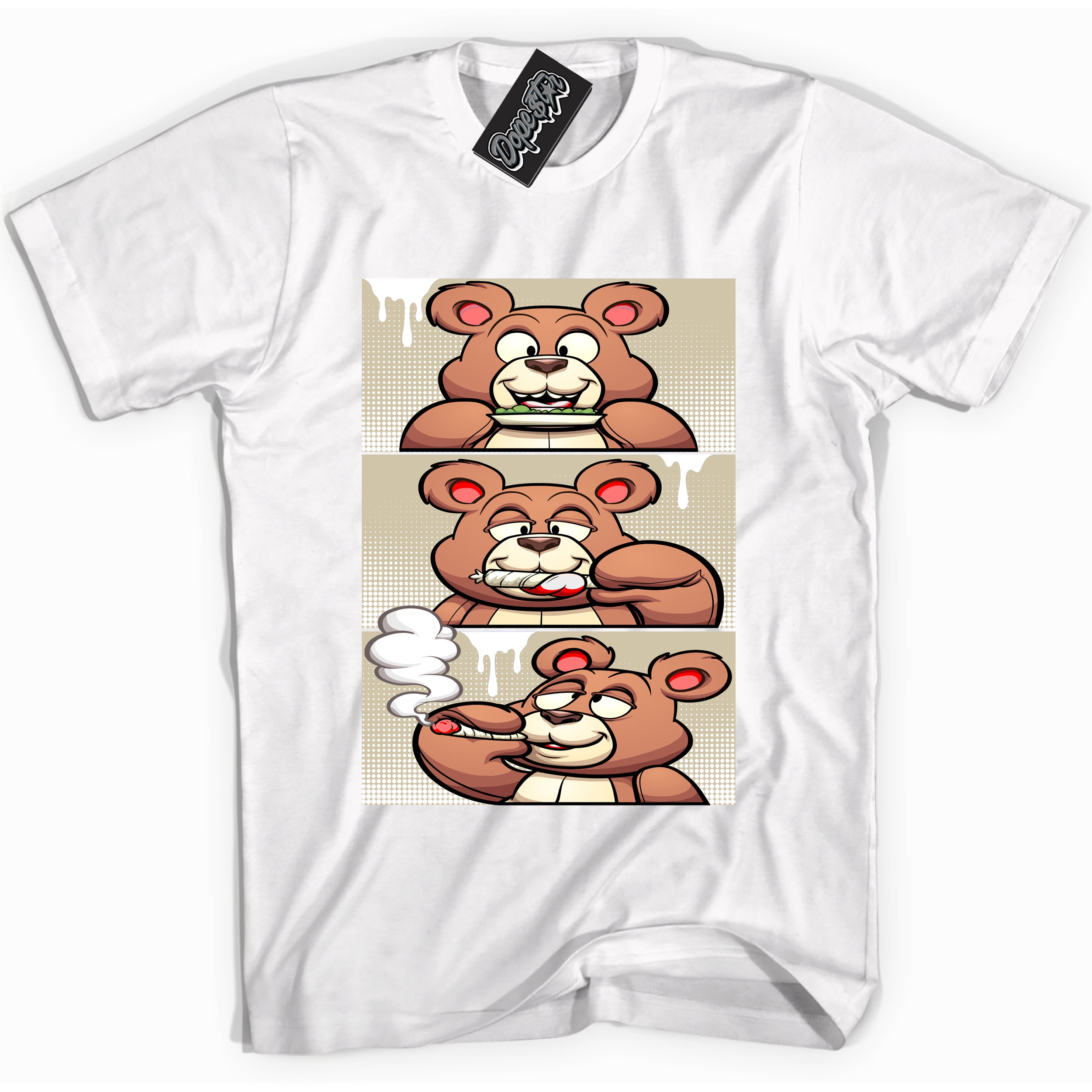 Cool White Shirt with “ Roll It Lick It Smoke It Bear” design that perfectly matches Gratitude 11s Sneakers.