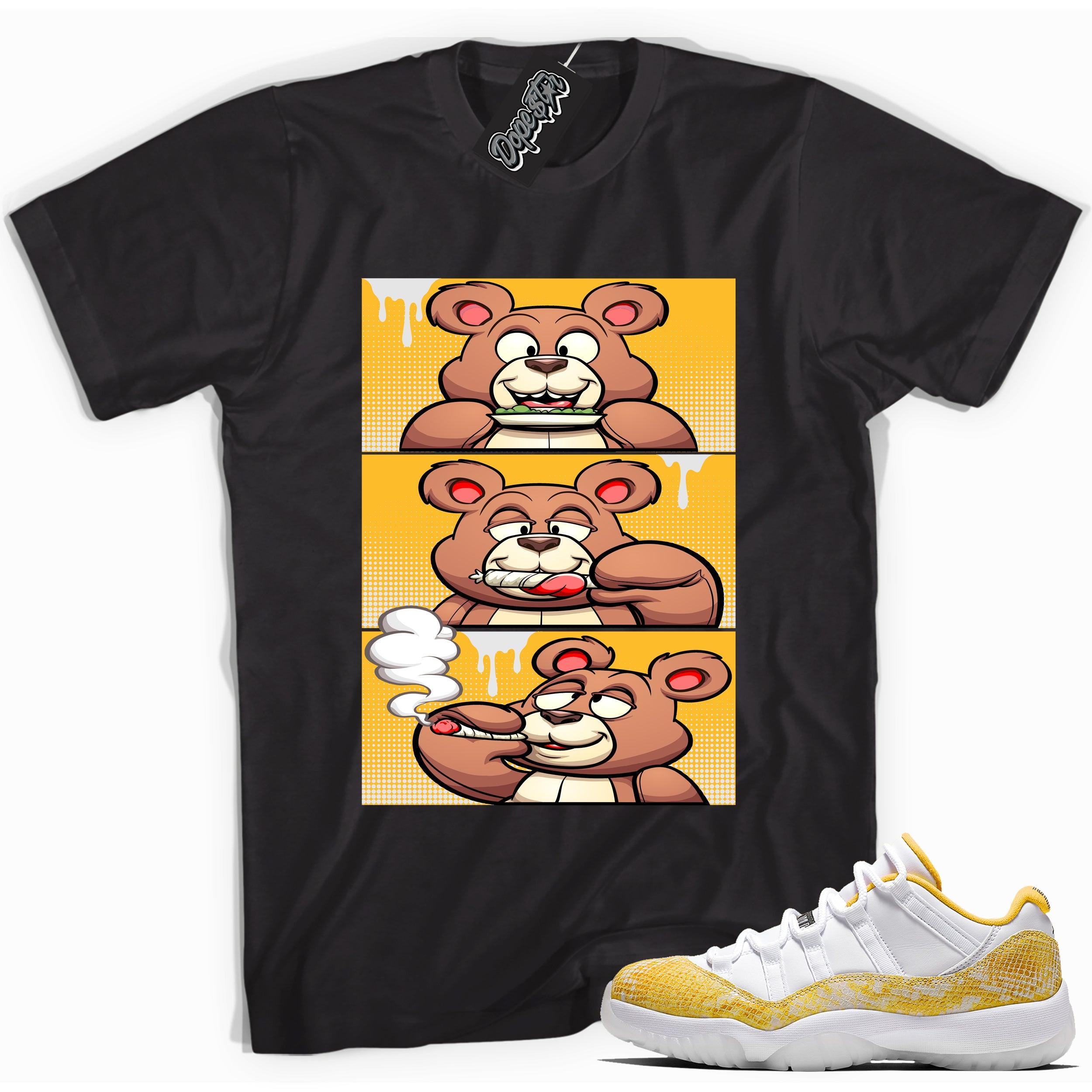 Cool black graphic tee with 'roll it lick it smoke it bear' print, that perfectly matches  Air Jordan 11 Retro Low Yellow Snakeskin sneakers