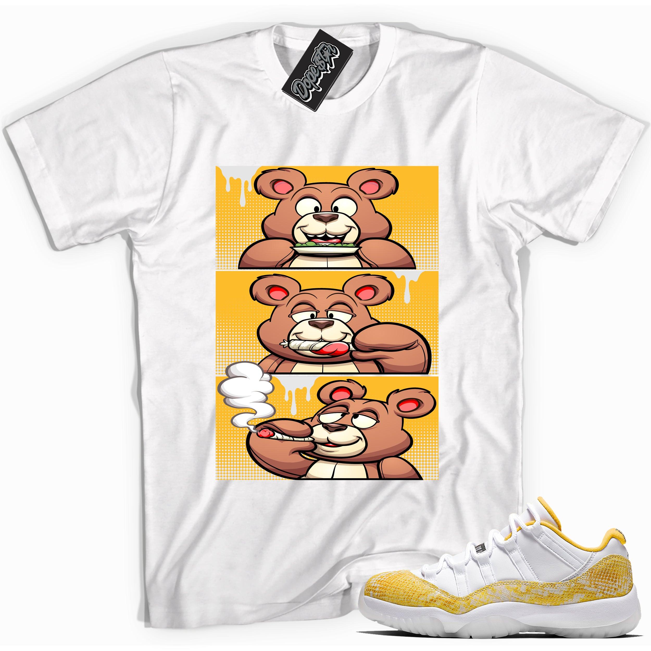 Cool white graphic tee with 'roll it lick it smoke it bear' print, that perfectly matches Air Jordan 11 Retro Low Yellow Snakeskin sneakers