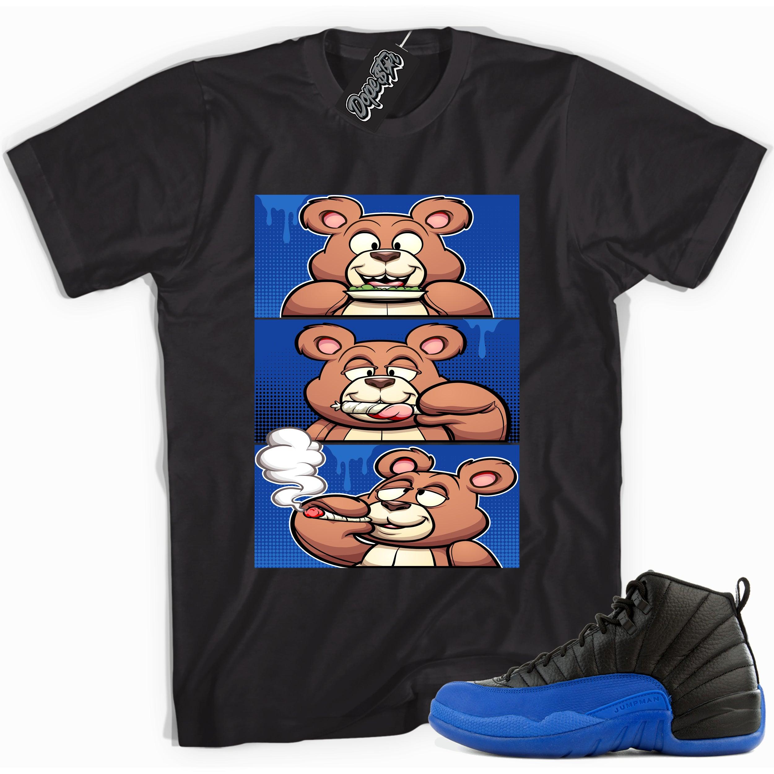 Cool black graphic tee with 'roll it lick it smoke it bear' print, that perfectly matches  Air Jordan 12 Retro Black Game Royal sneakers.