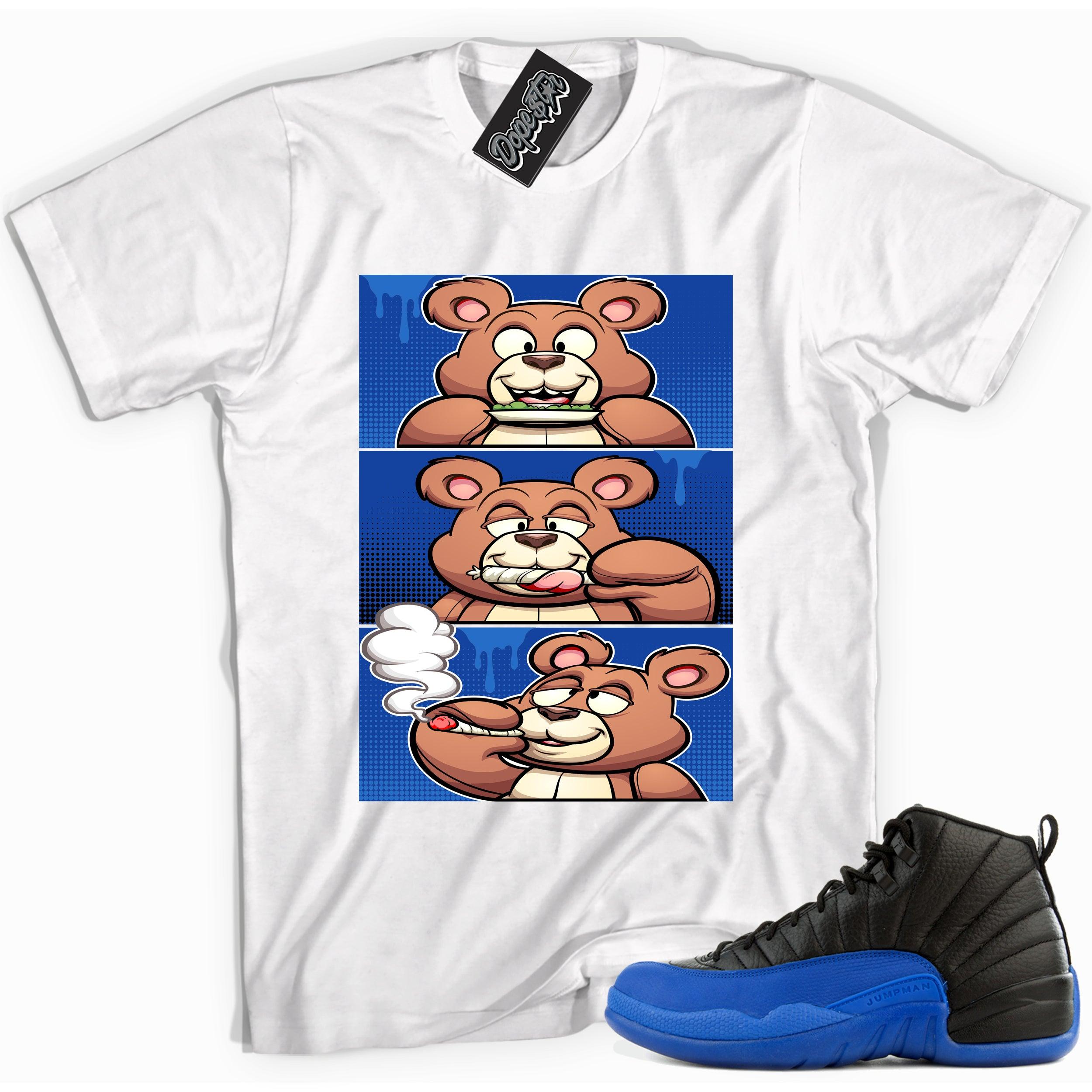 Cool white graphic tee with 'roll it lick it smoke it bear' print, that perfectly matches Air Jordan 12 Retro Black Game Royal sneakers.
