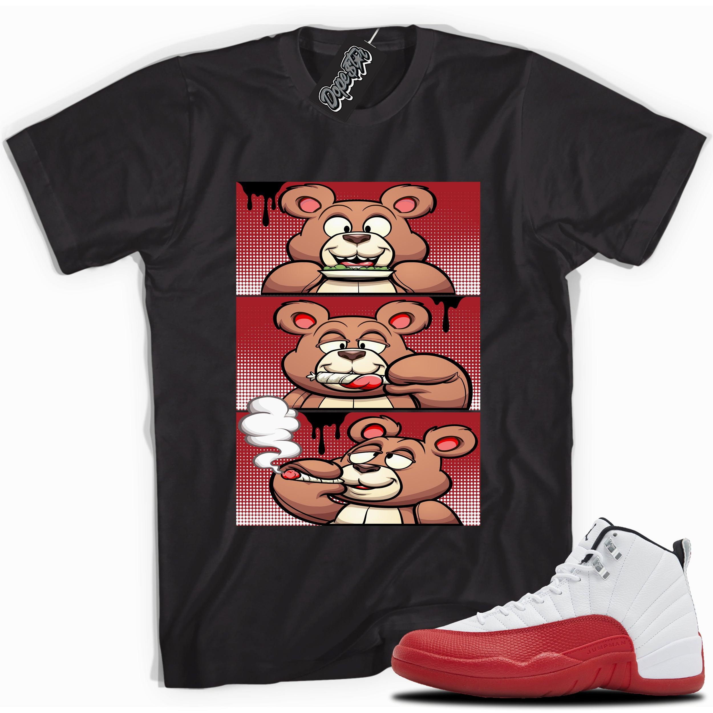 Cool Black graphic tee with “Roll It Lick It Smoke It” print, that perfectly matches Air Jordan 12 Retro Cherry Red 2023 red and white sneakers 