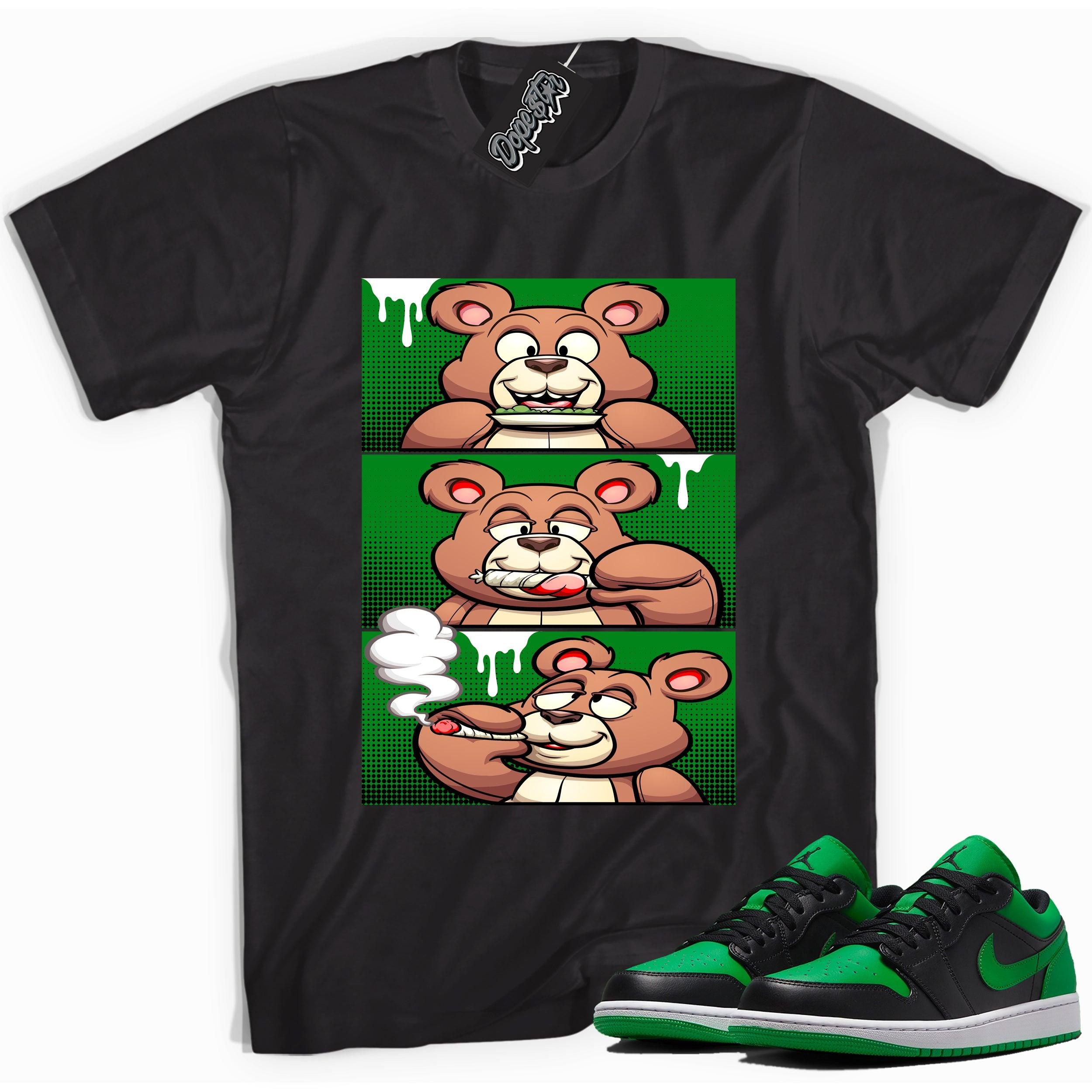 Cool black graphic tee with 'roll it lick it smoke it bear' print, that perfectly matches Air Jordan 1 Low Lucky Green sneakers