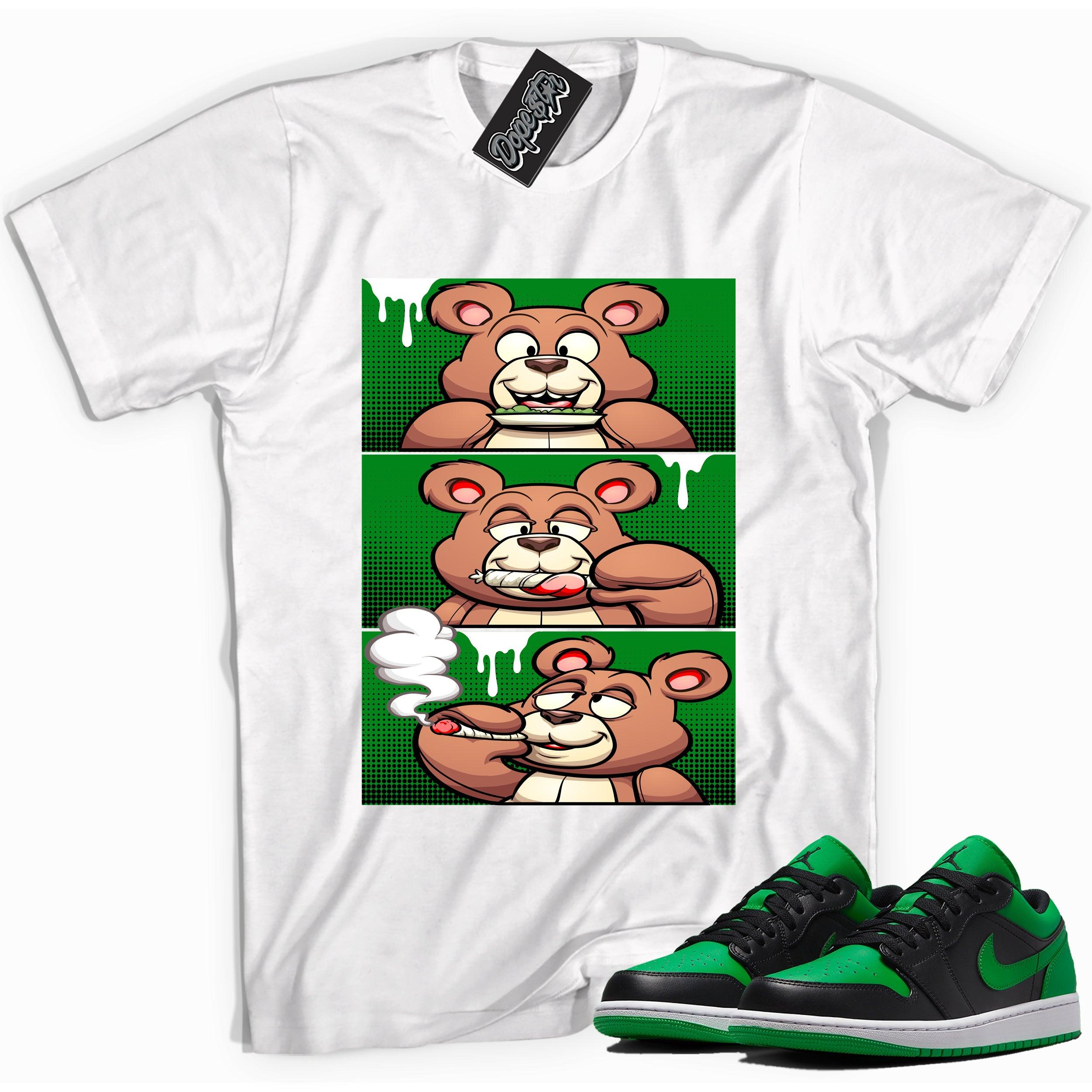 Cool white graphic tee with 'roll it lick it smoke it bear' print, that perfectly matches Air Jordan 1 Low Lucky Green sneakers