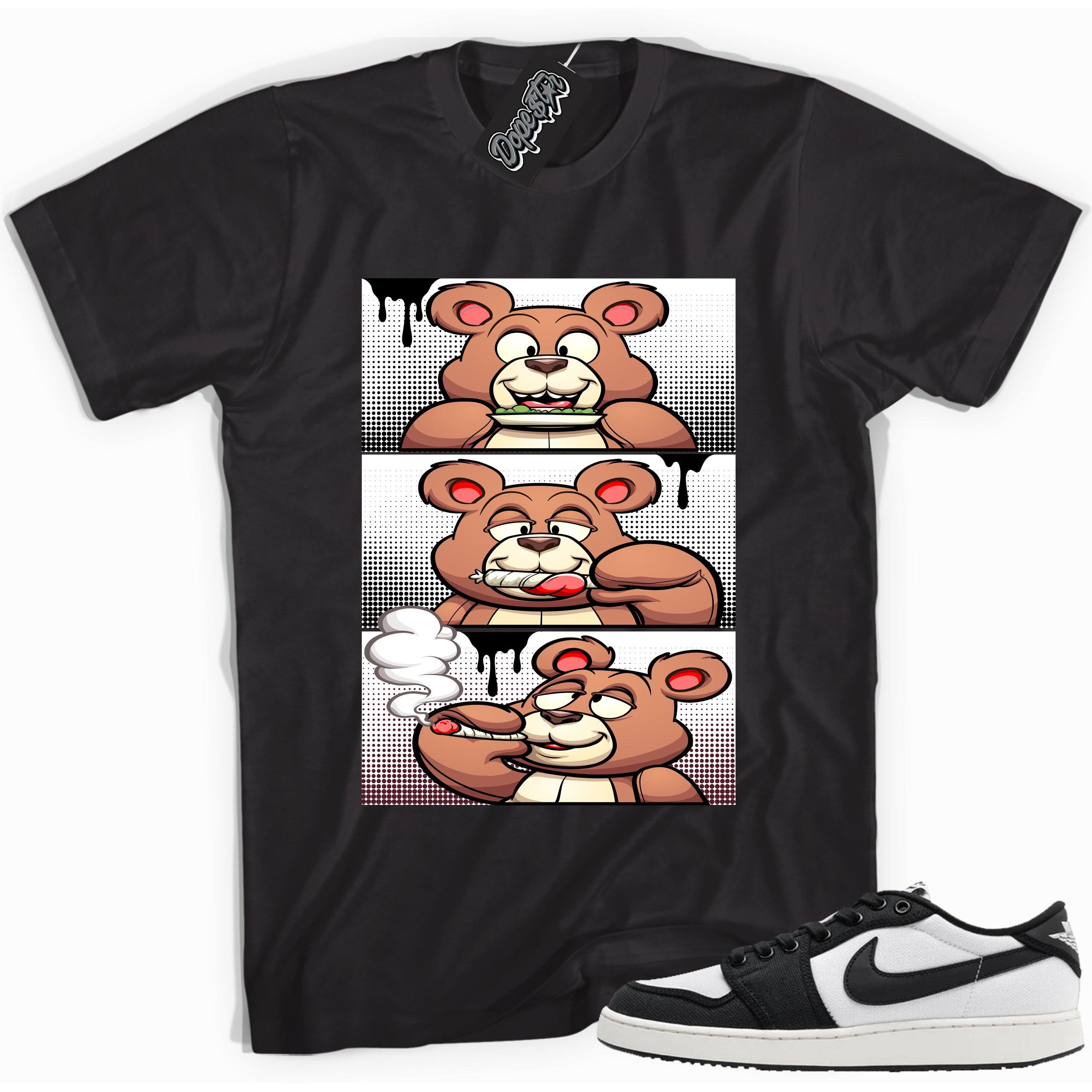 Cool black graphic tee with 'roll it lick it smoke it bear' print, that perfectly matches Air Jordan 1 Retro Ajko Low Black & White sneakers.