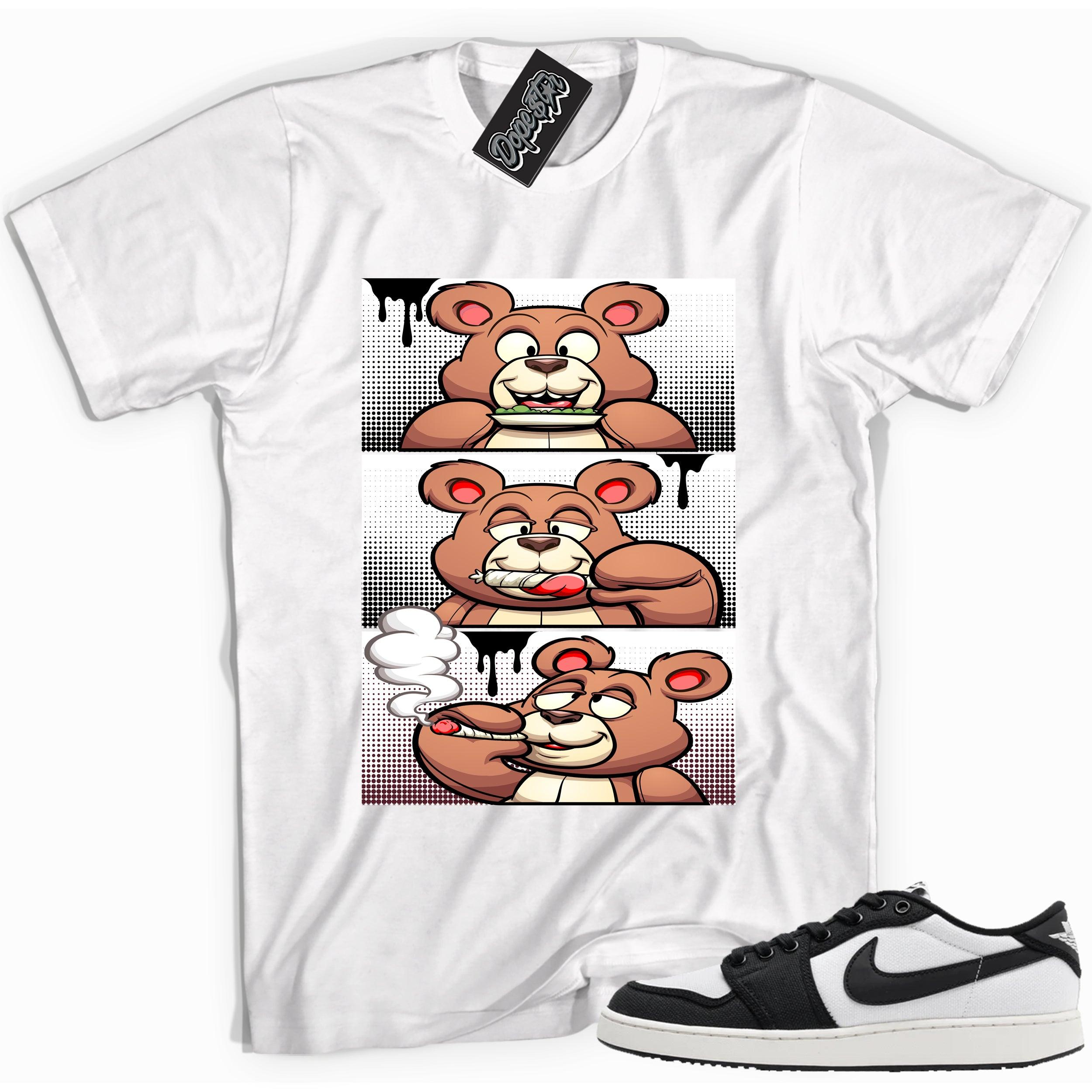 Cool white graphic tee with 'roll it lick it smoke it bear' print, that perfectly matches Air Jordan 1 Retro Ajko Low Black & White sneakers.