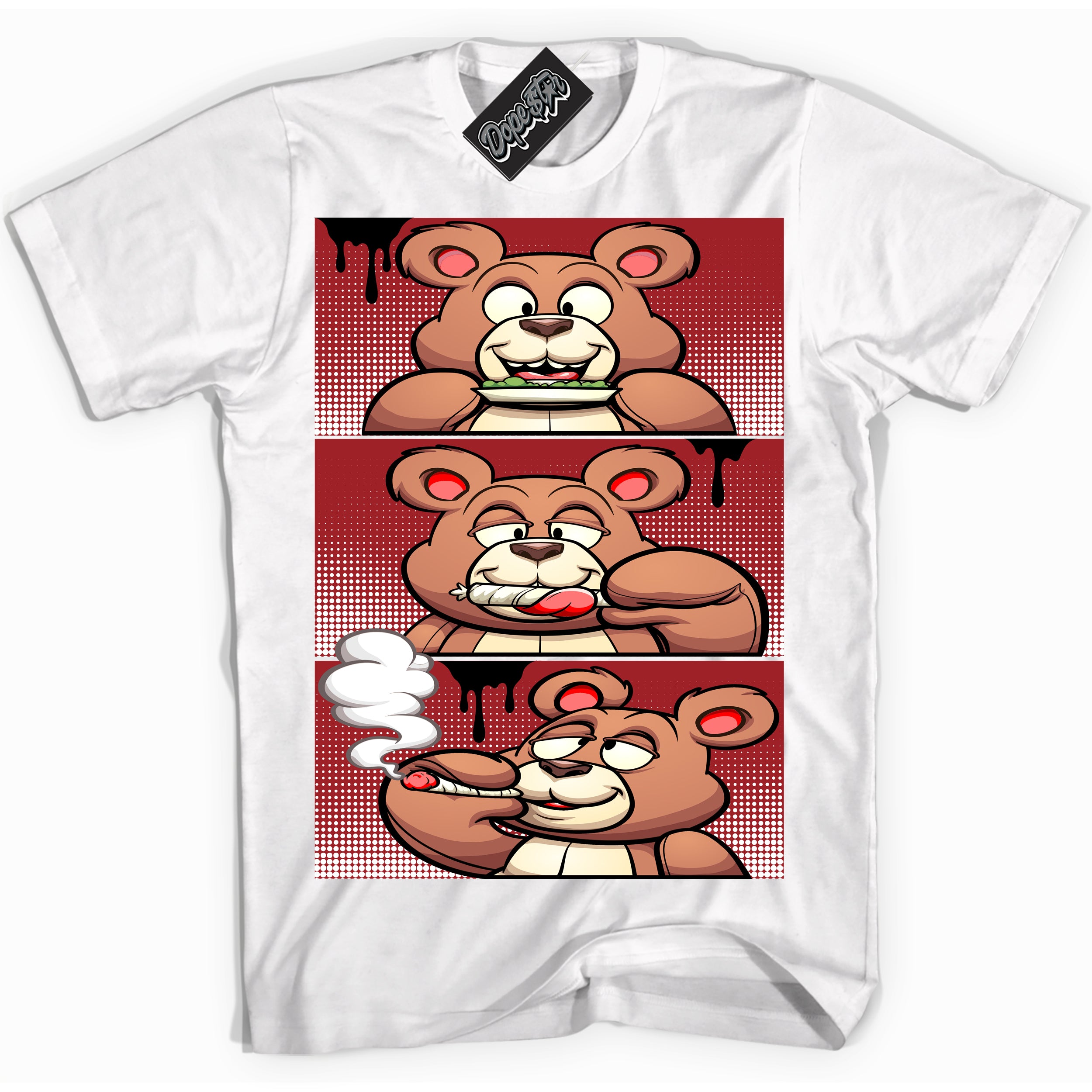 Cool White graphic tee with “ Roll It Lick It Smoke It Bear ” print, that perfectly matches Lost And Found 1s sneakers 