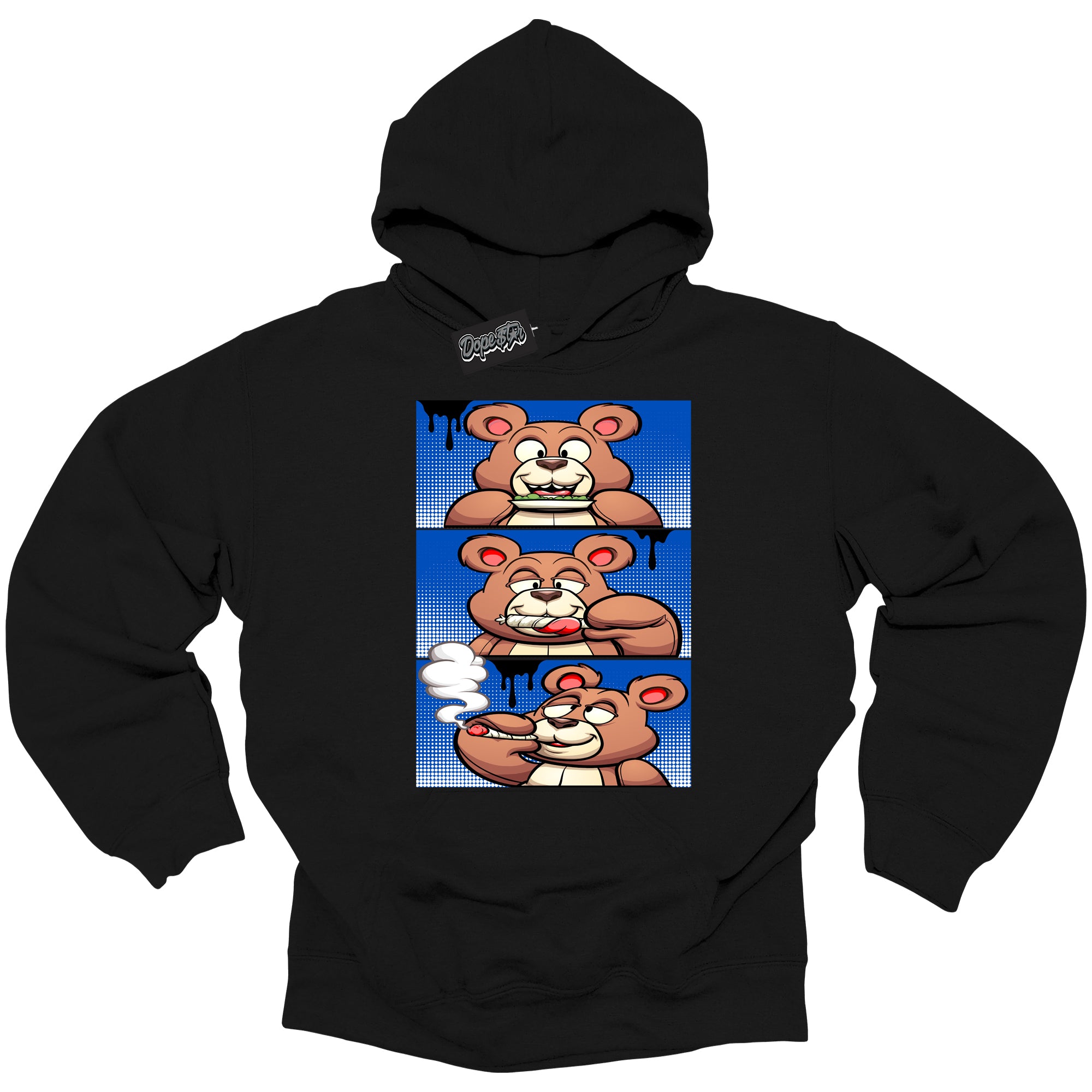 Cool Black Hoodie with “ Roll It Lick It Smoke It Bear ”  design that Perfectly Matches  Royal Reimagined 1s Sneakers.