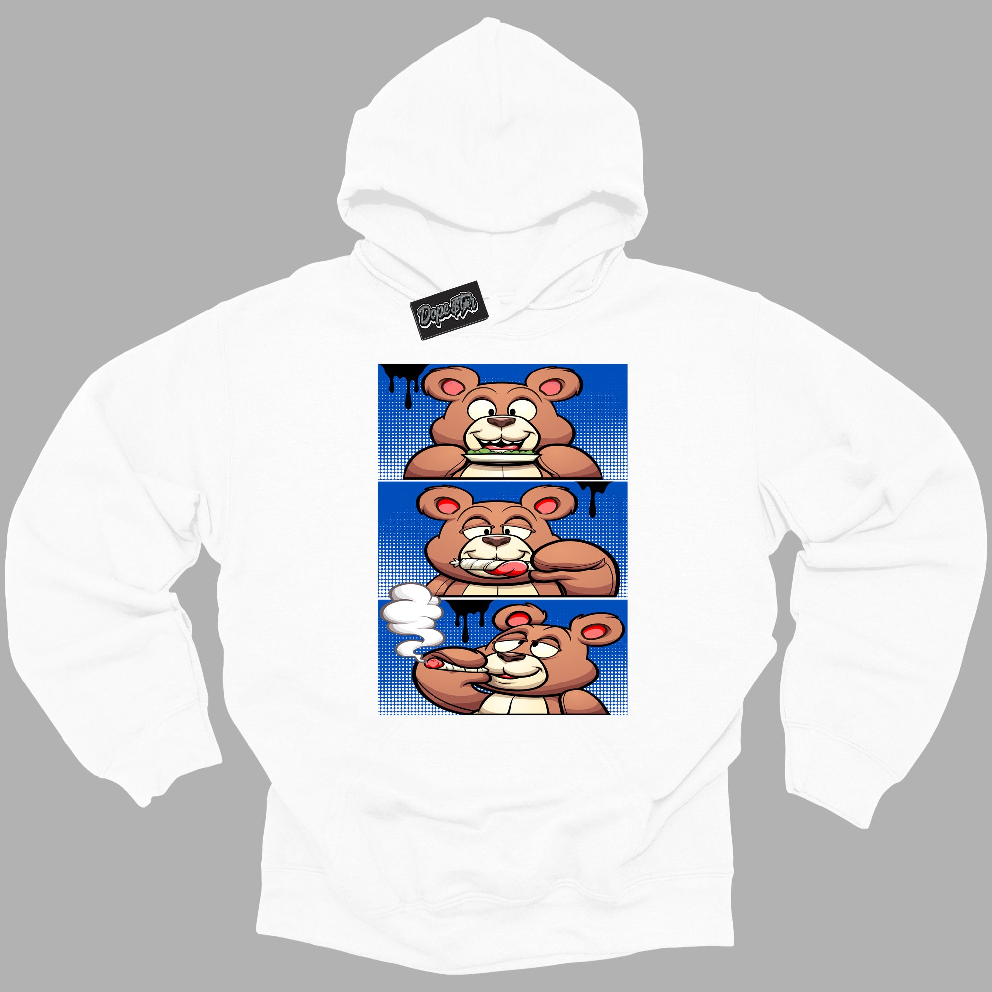 Cool White Hoodie with “ Roll It Lick It Smoke It Bear ”  design that Perfectly Matches Royal Reimagined 1s Sneakers.