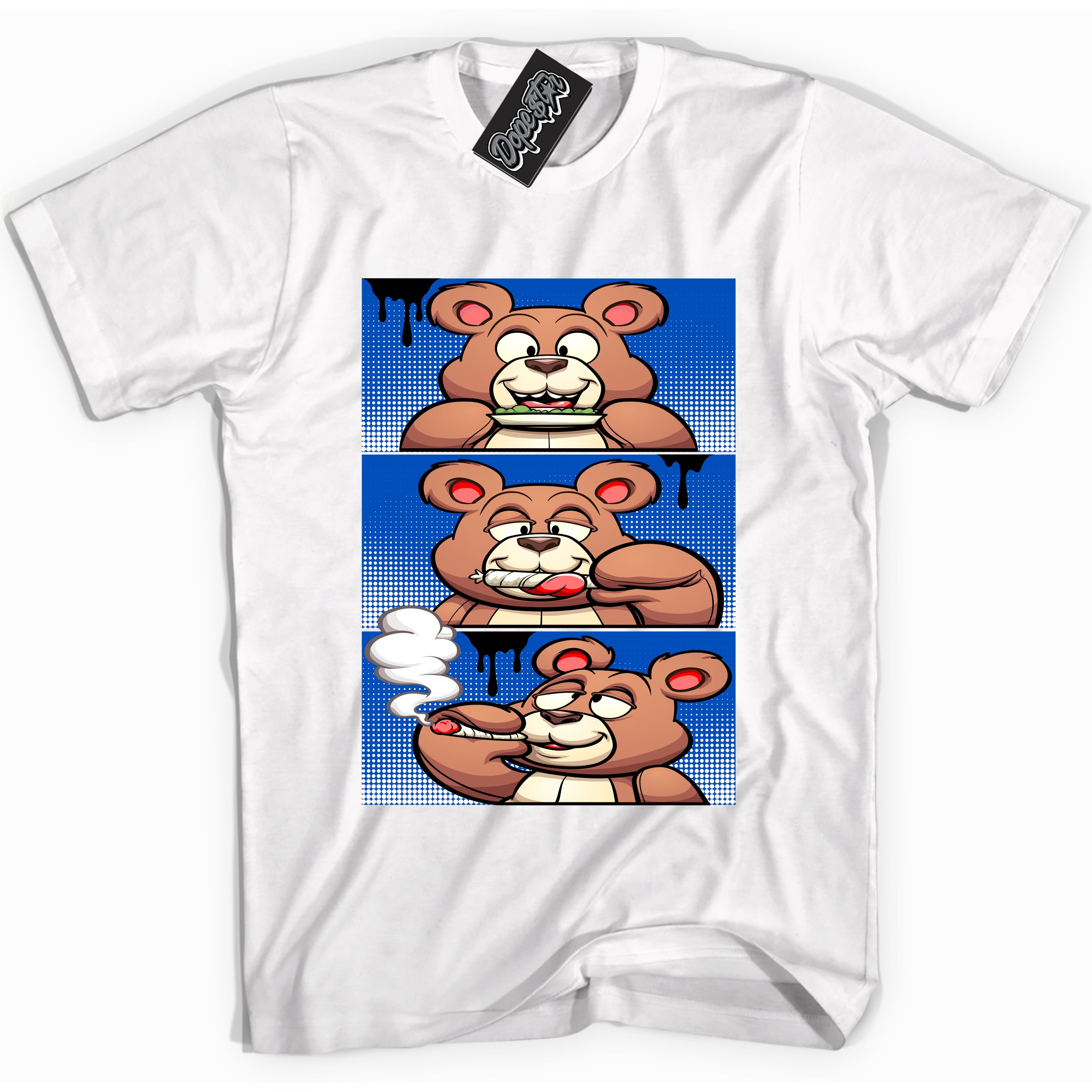 Cool White graphic tee with Roll It Lick It Smoke It Bear print, that perfectly matches OG Royal Reimagined 1s sneakers 