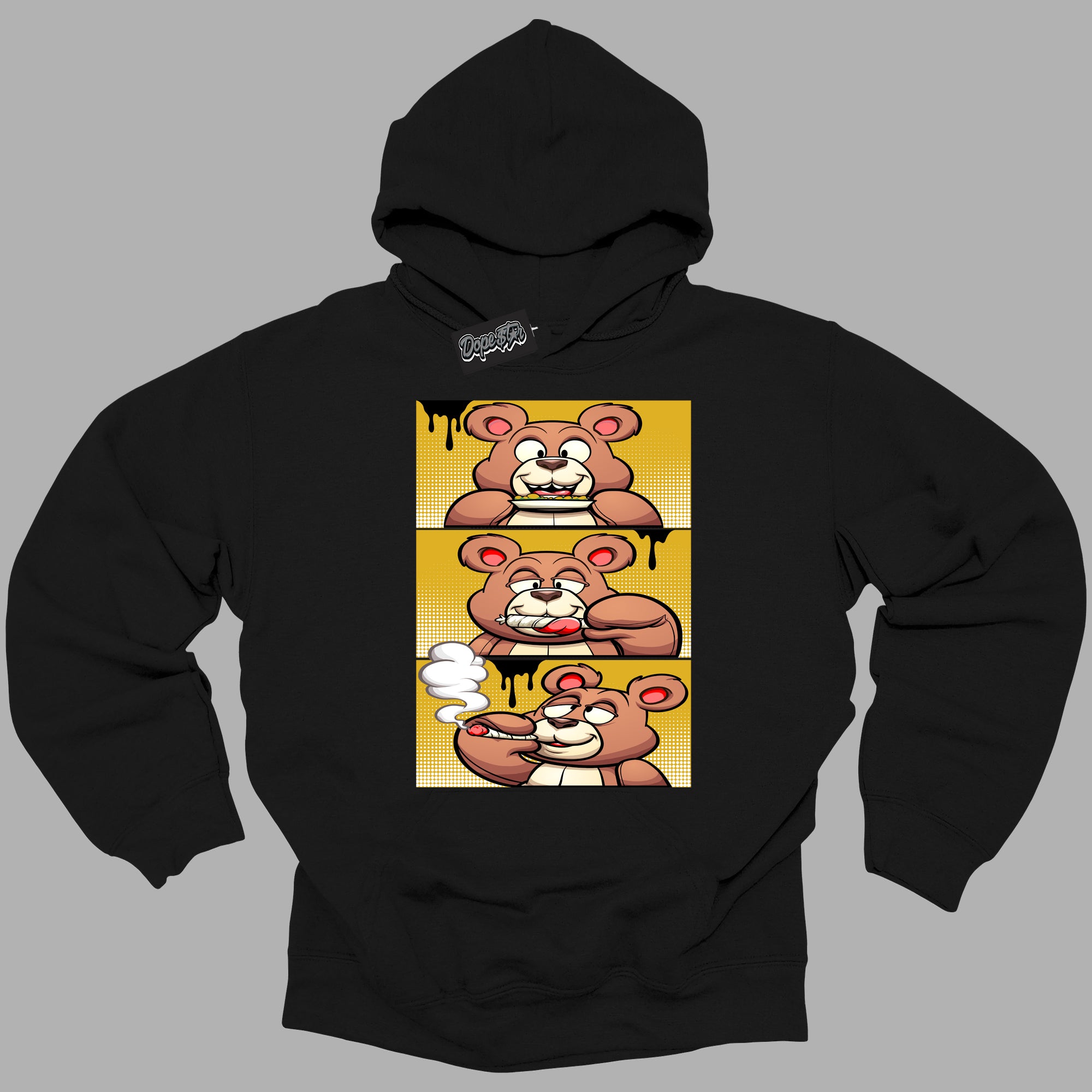Cool Black Hoodie with “ Roll It Lick It Smoke It Bear ”  design that Perfectly Matches Yellow Ochre 6s Sneakers.