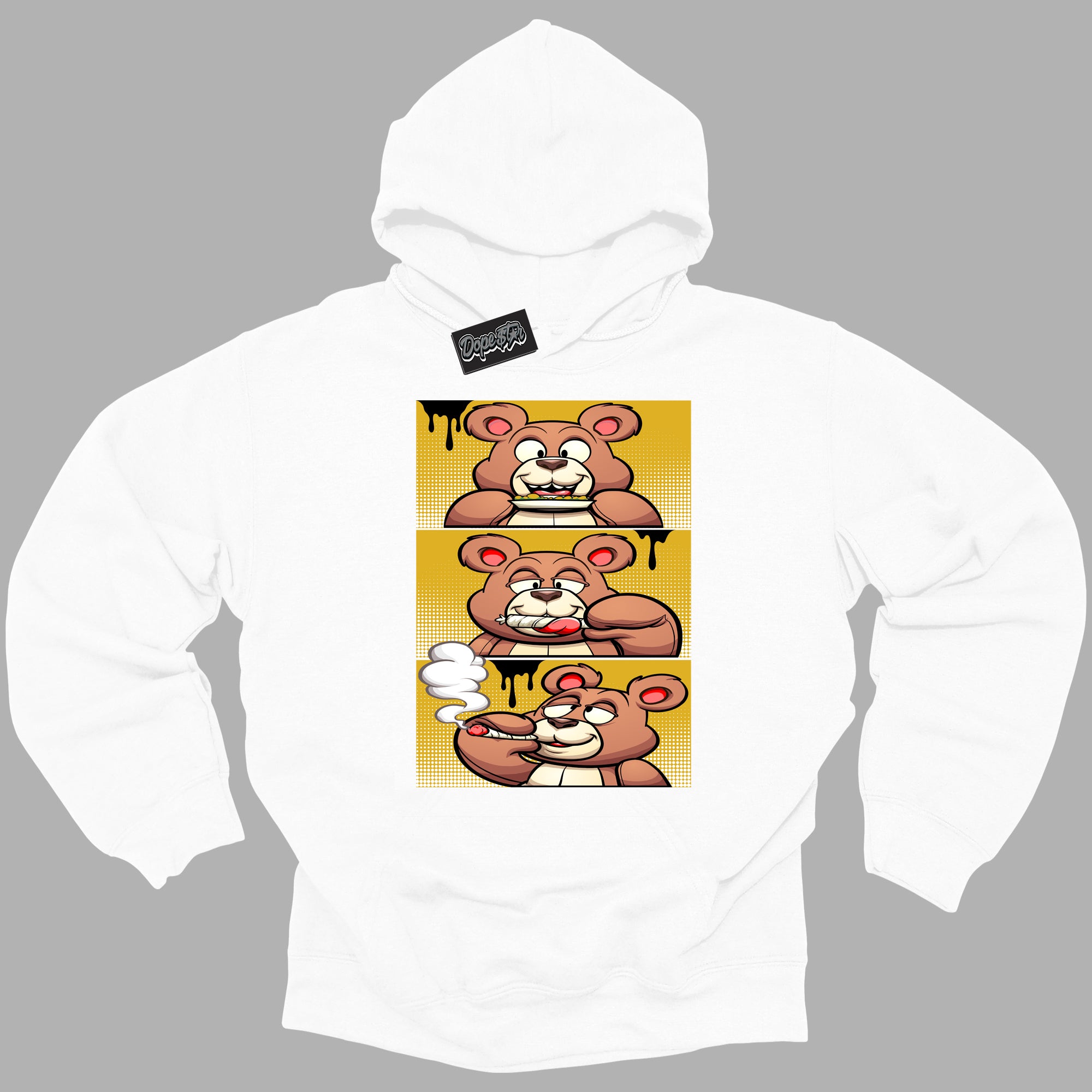Cool White Hoodie with “ Roll It Lick It Smoke It Bear ”  design that Perfectly Matches Yellow Ochre 6s Sneakers.