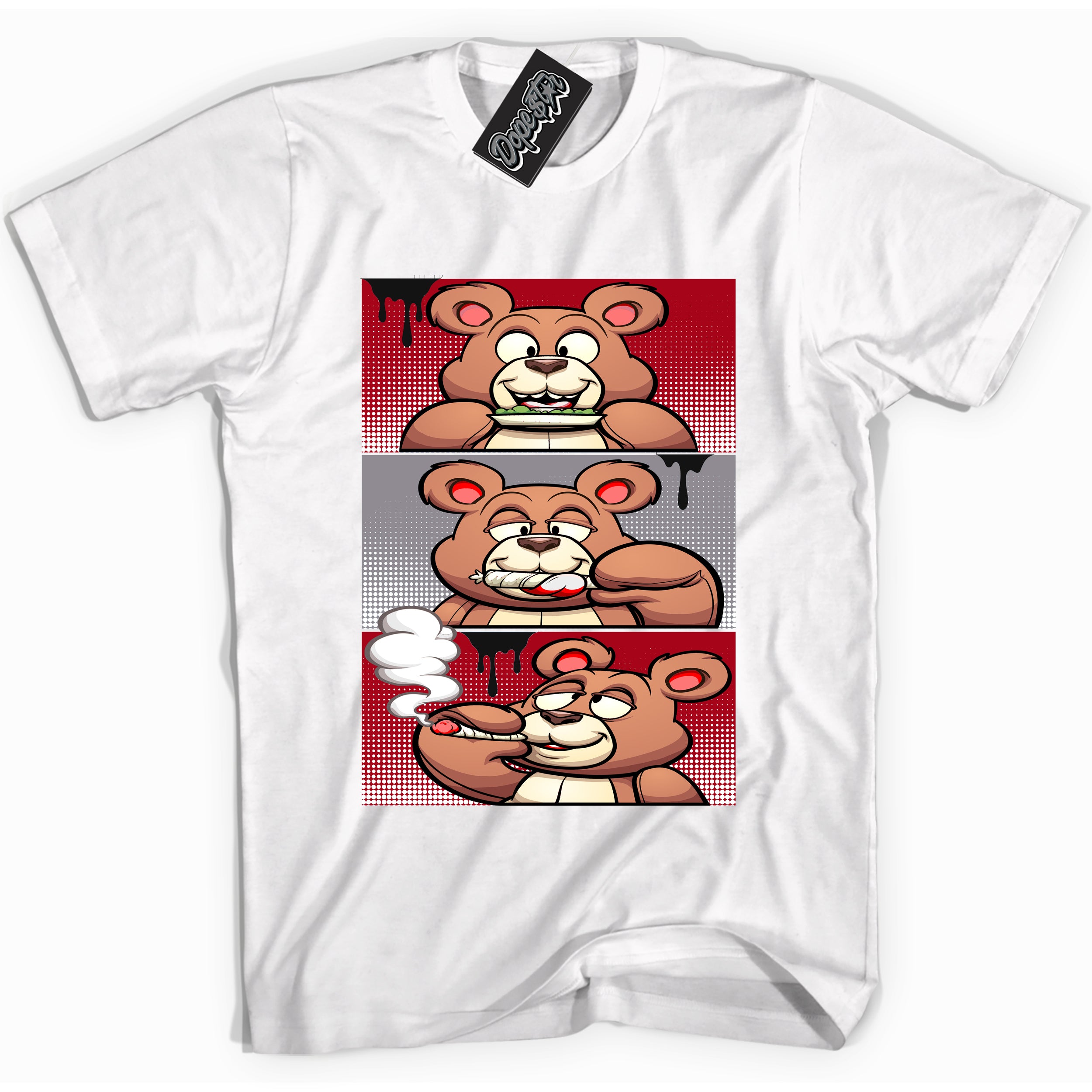 Cool White Shirt with “ Roll It Lick It Smoke It Bear” design that perfectly matches Bred Reimagined 4s Jordans.