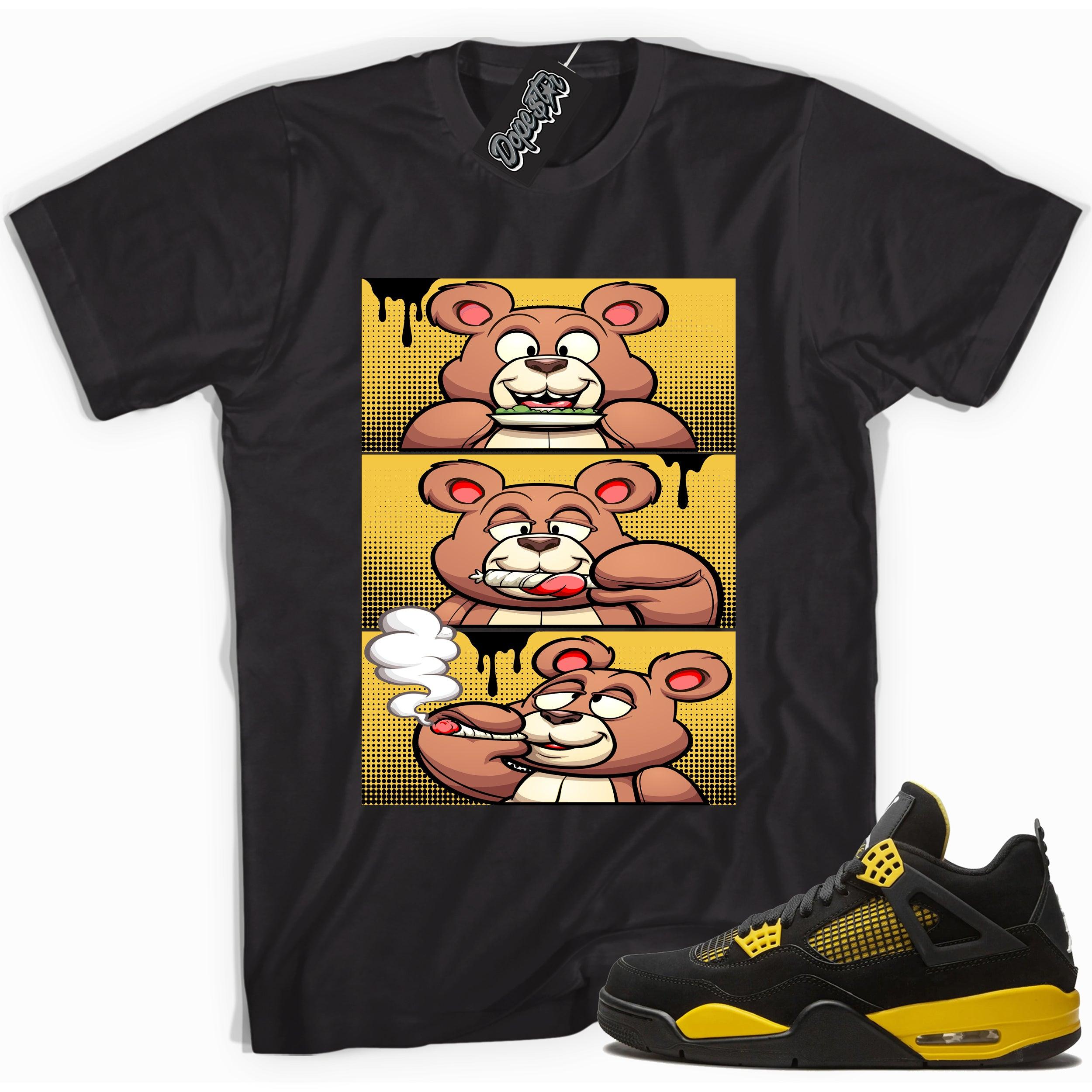 Cool black graphic tee with 'roll it lick it smoke it' print, that perfectly matches  Air Jordan 4 Thunder sneakers