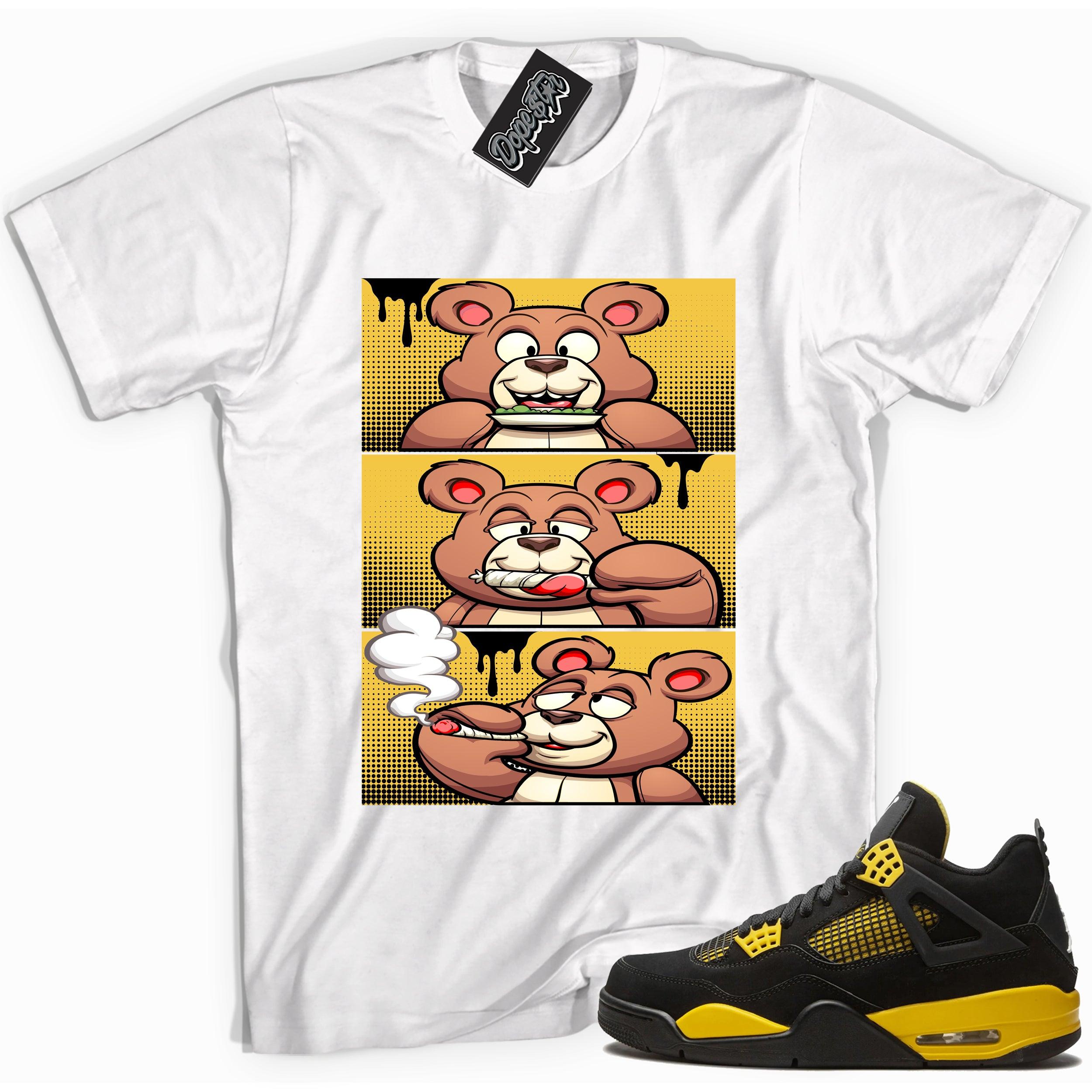 Cool white graphic tee with 'roll it lick it smoke it' print, that perfectly matches Air Jordan 4 Thunder sneakers