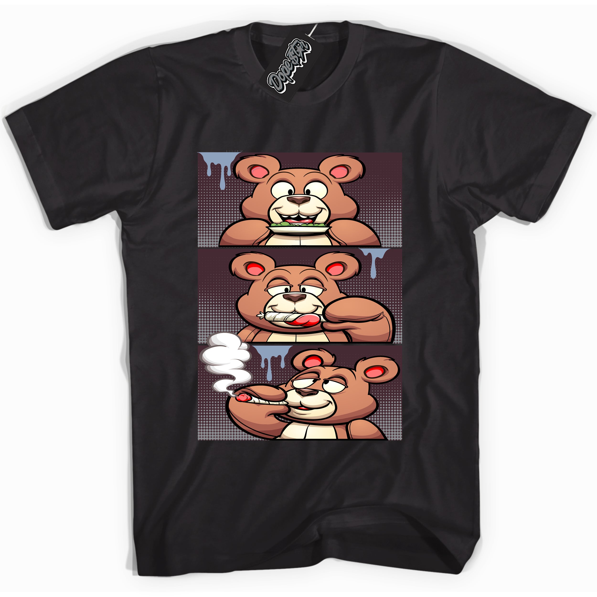 Cool Black Shirt with “ Roll It Lick It Smoke It Bear” design that perfectly matches Burgundy 5s Sneakers.