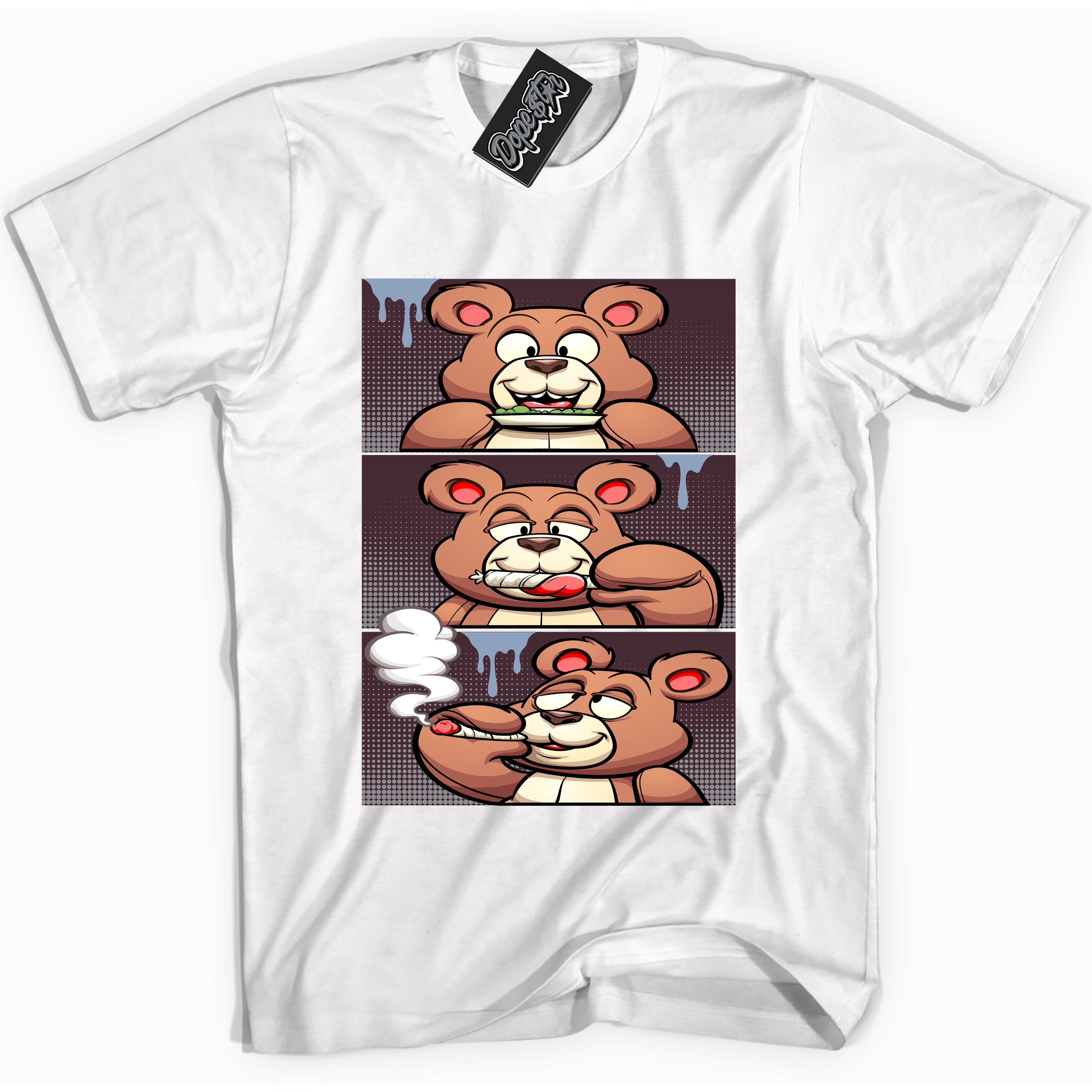 Cool White Shirt with “ Roll It Lick It Smoke It Bear” design that perfectly matches Burgundy 5s Sneakers.