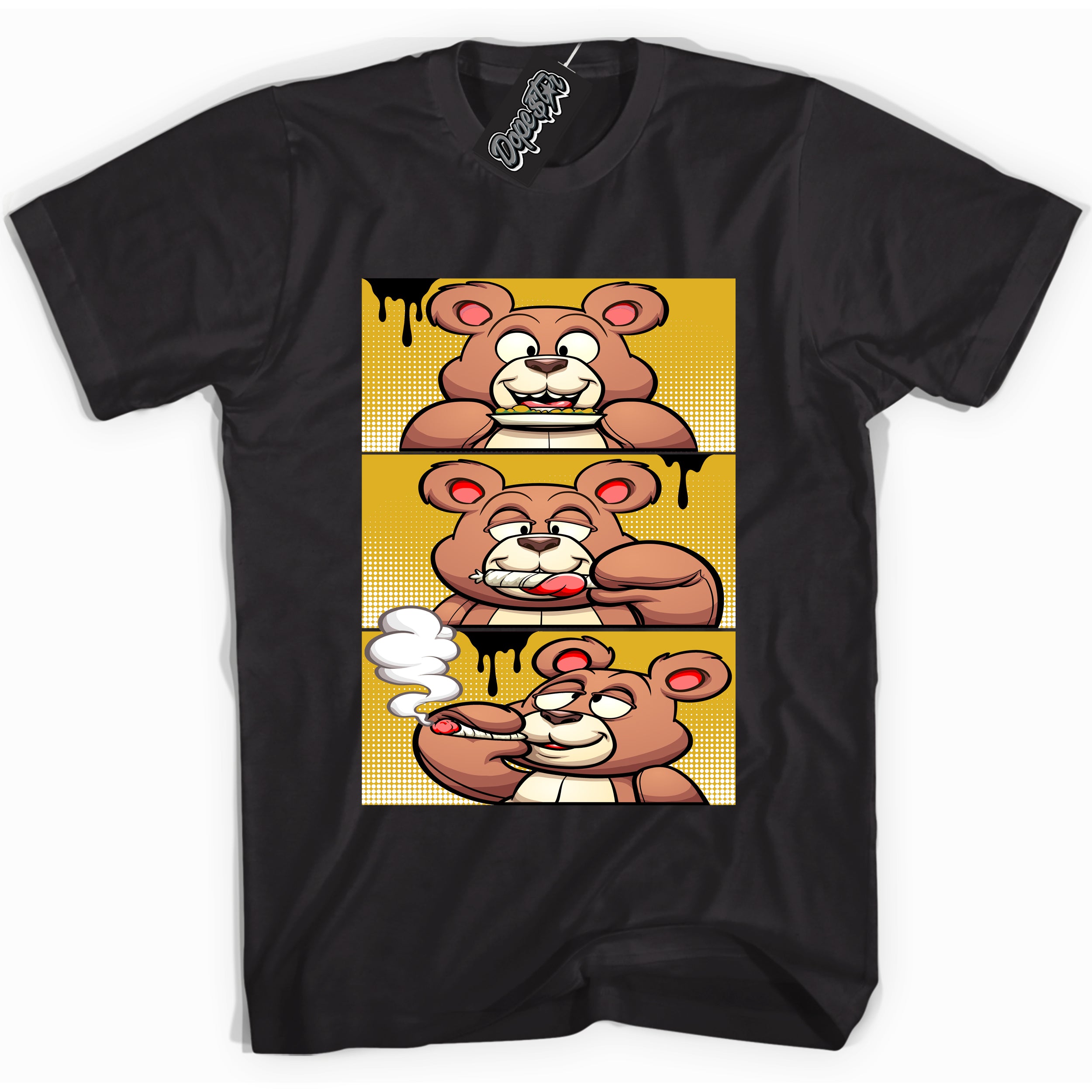 Cool Black Shirt with “ Roll It Lick It Smoke It Bear” design that perfectly matches Yellow Ochre 6s Sneakers.