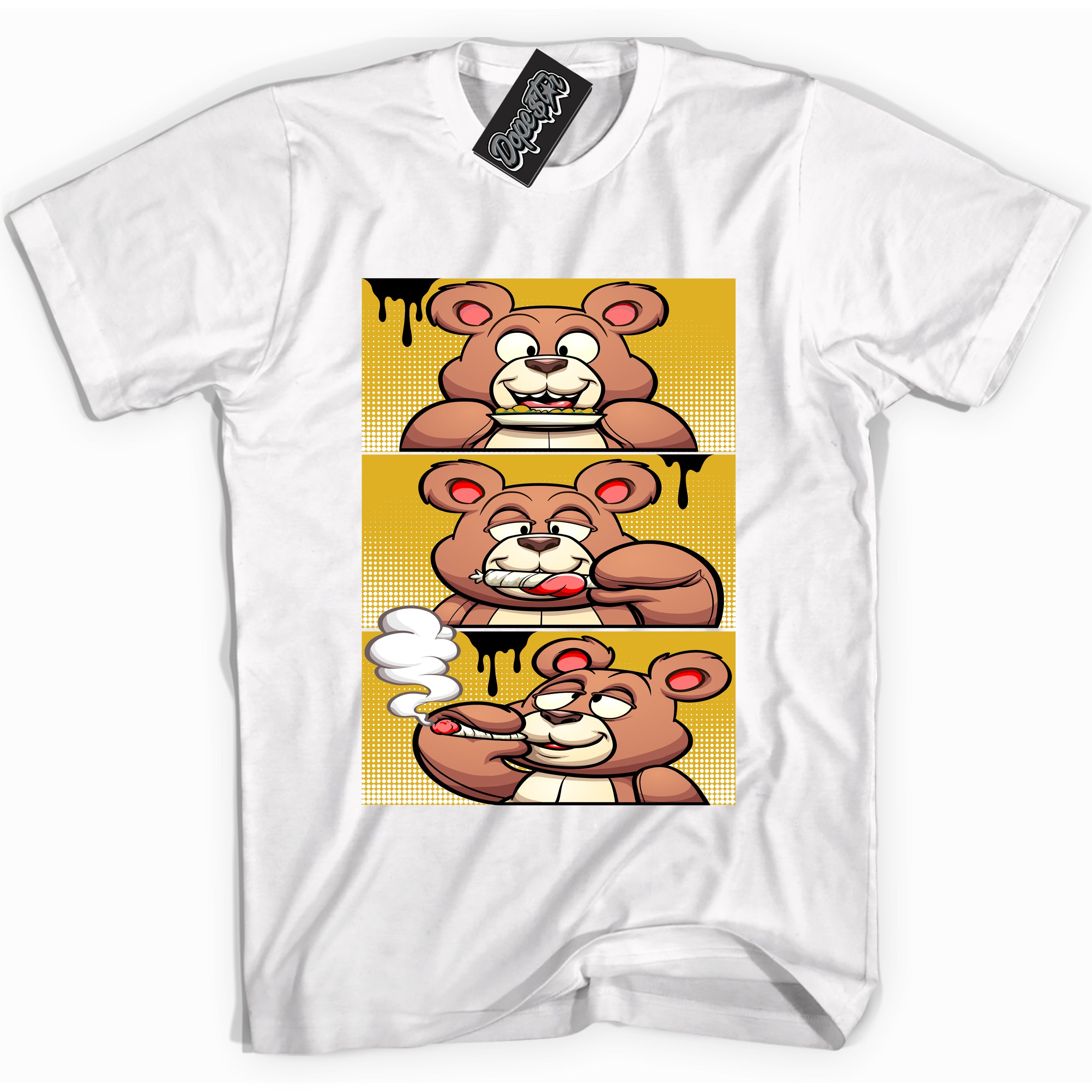 Cool White Shirt with “ Roll It Lick It Smoke It Bear” design that perfectly matches Yellow Ochre 6s Sneakers.