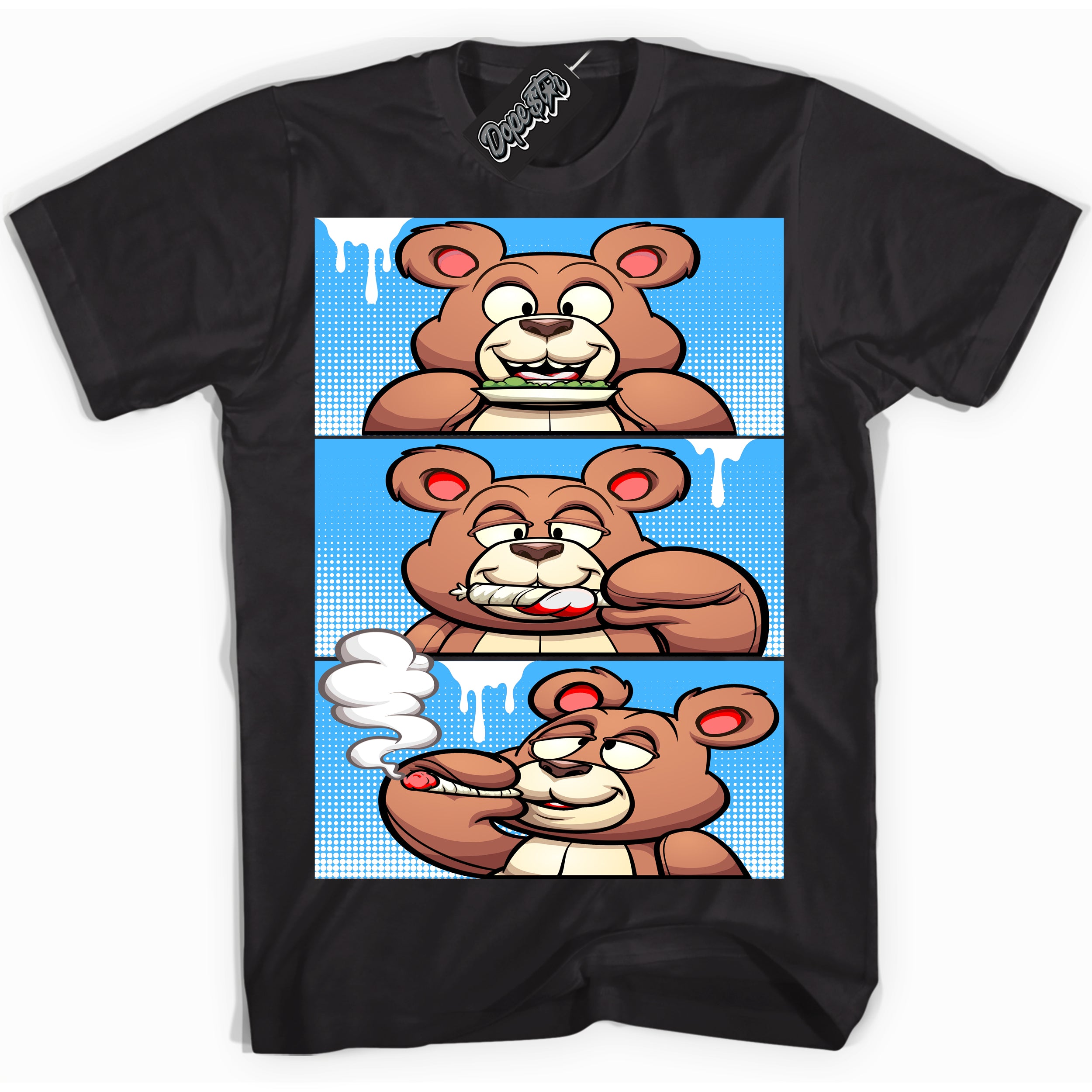 Cool Black graphic tee with “ Roll It Lick It Smoke It Bear ” design, that perfectly matches Powder Blue 9s sneakers 