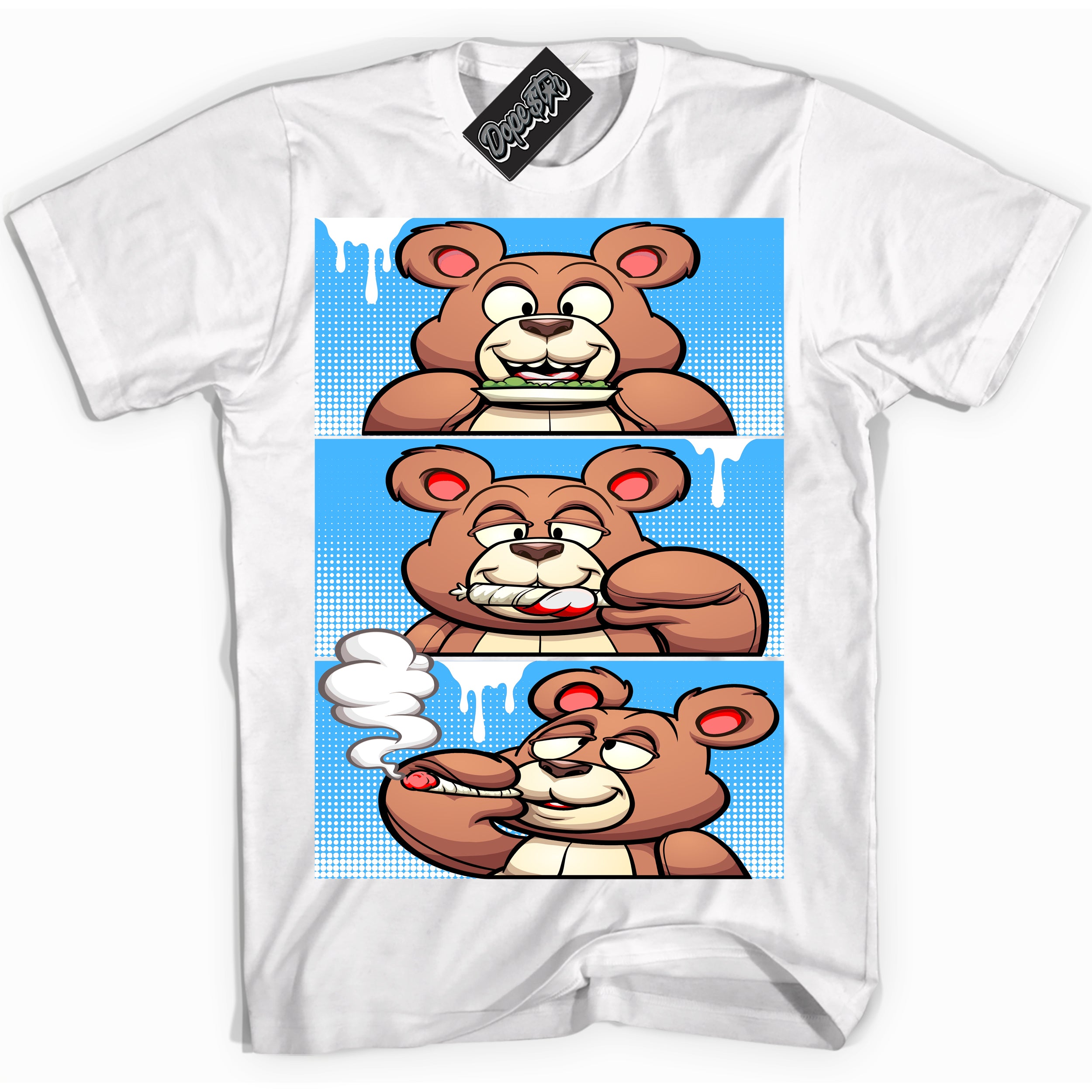Cool White graphic tee with “ Roll It Lick It Smoke It Bear ” design, that perfectly matches Powder Blue 9s sneakers 