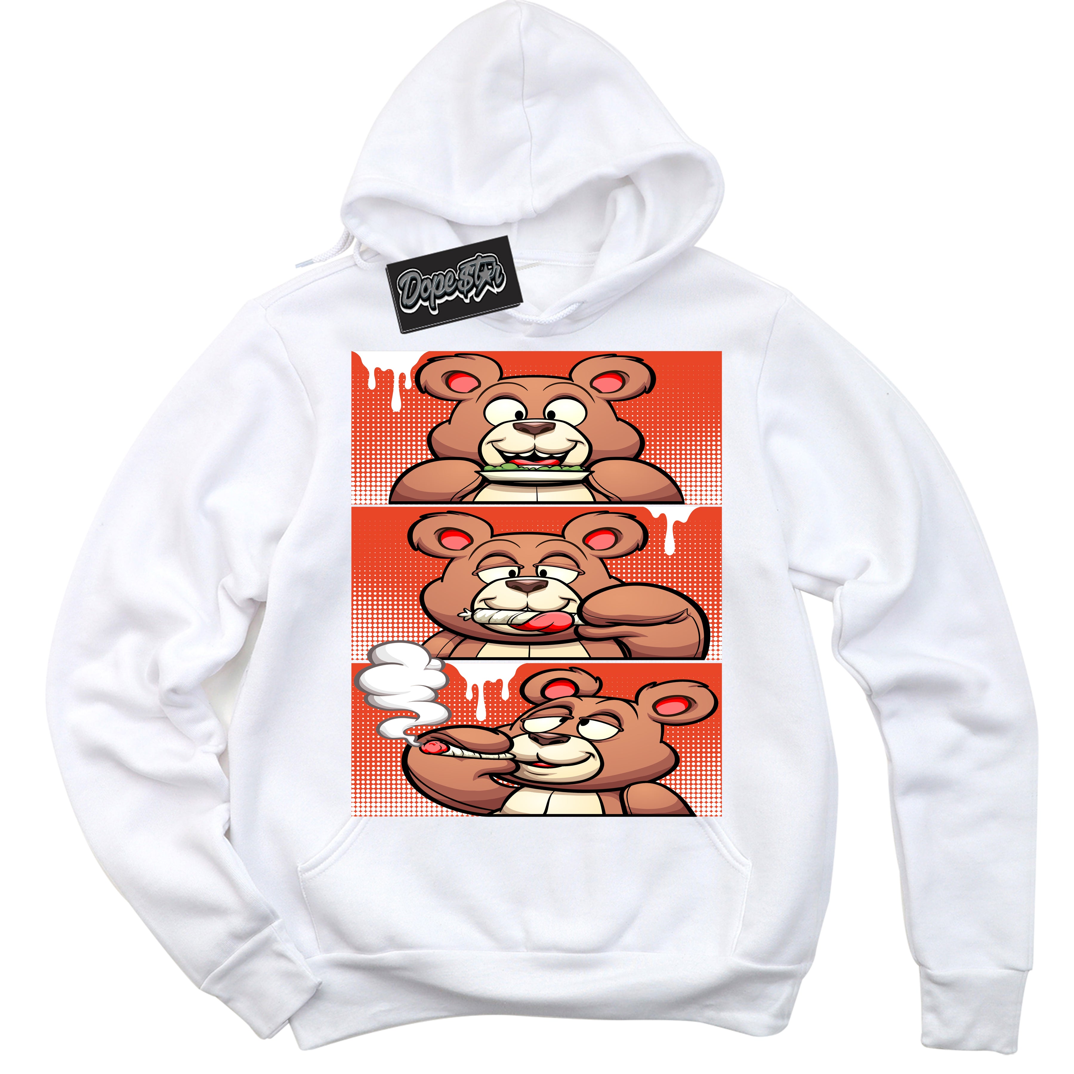 Nike Dunk Low Retro Cosmic Clay 'Roll It Lick It Smoke It Bear' Hoodie - White Streetwear Mockup | Sneakerhead Sweatshirt Matching Nike Dunk Low Retro Cosmic Clay | Limited Edition Urban Streetwear for Sneaker Matching OOTD | Outfits that pair perfectly with your ND Low Retro Cosmic Clay | Sneakerhead Fashion Must-Have Apparel for Men and Women.