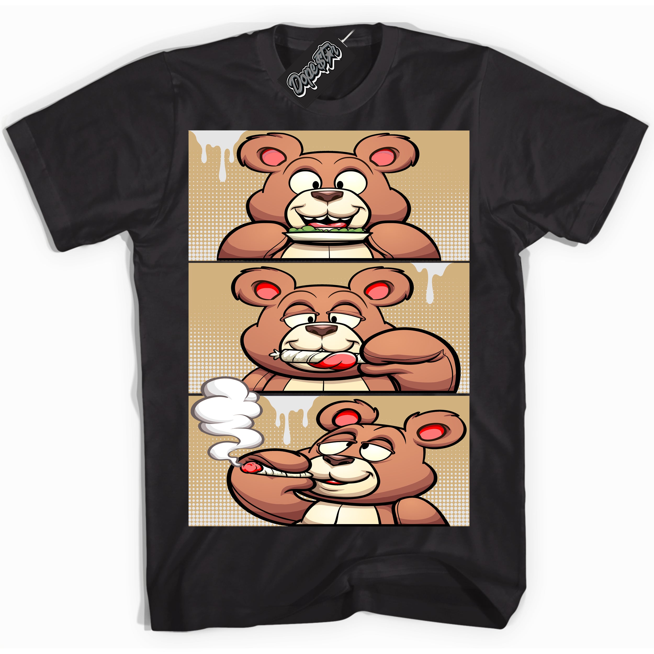 Jordan MVP White Metallic Gold ‘Roll It Lick It Smoke It Bear’ – Black Streetwear T-Shirt | Sneaker Matching shirt for Jordan MVP White Metallic Gold | Men's and Women's Streetwear Graphic Tee by Sneaker Shirts Outlet.

